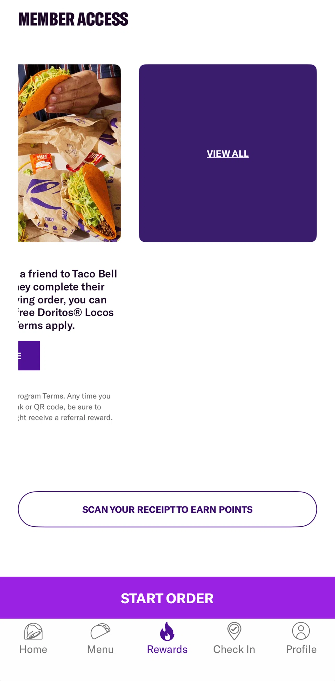 Taco Bell Screen screen in the All member access flow