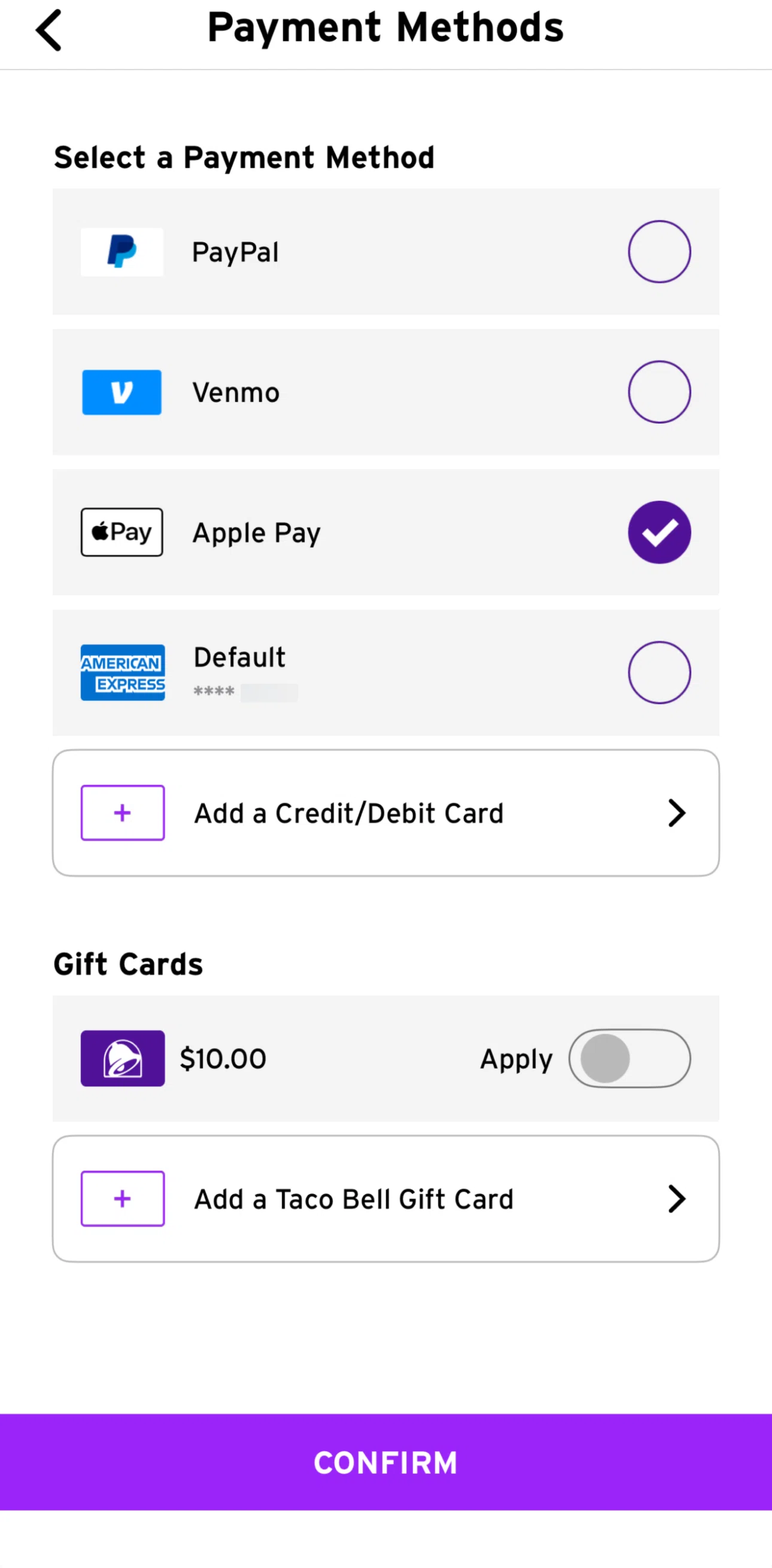 Taco Bell Screen screen in the Applying a gift card flow