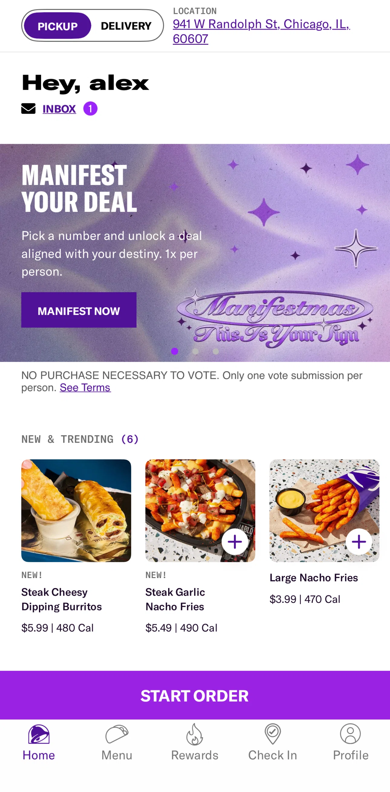 Taco Bell Screen screen in the Check In flow