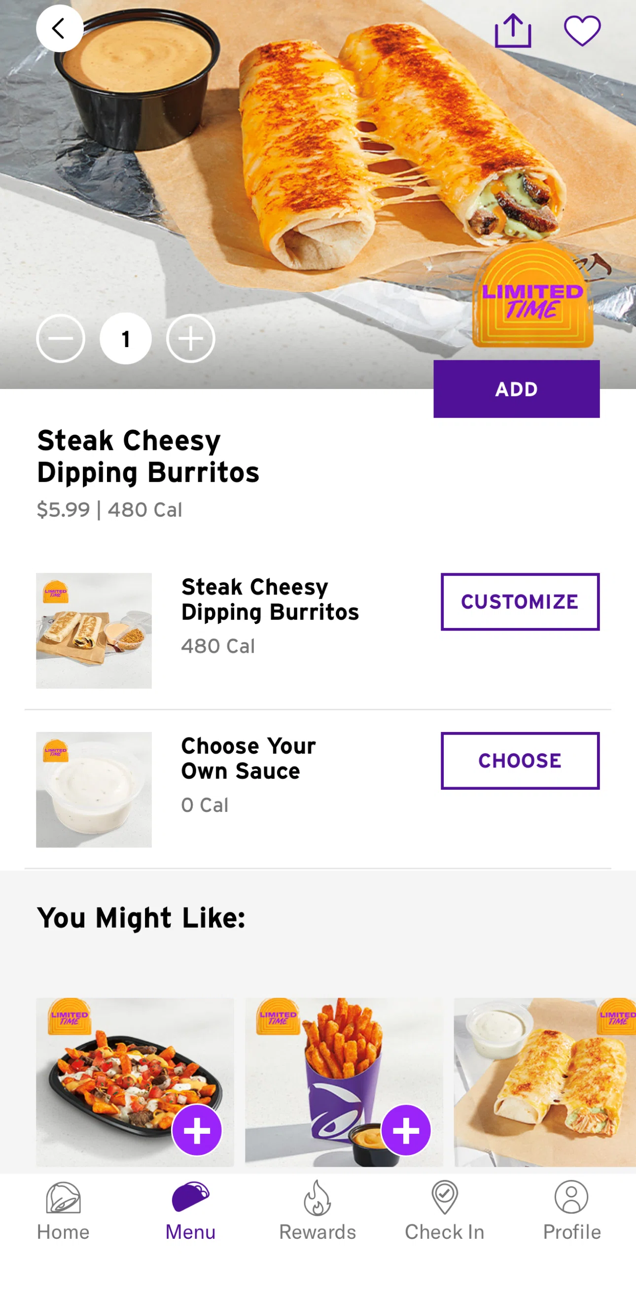 Taco Bell Screen screen in the Choosing an item flow