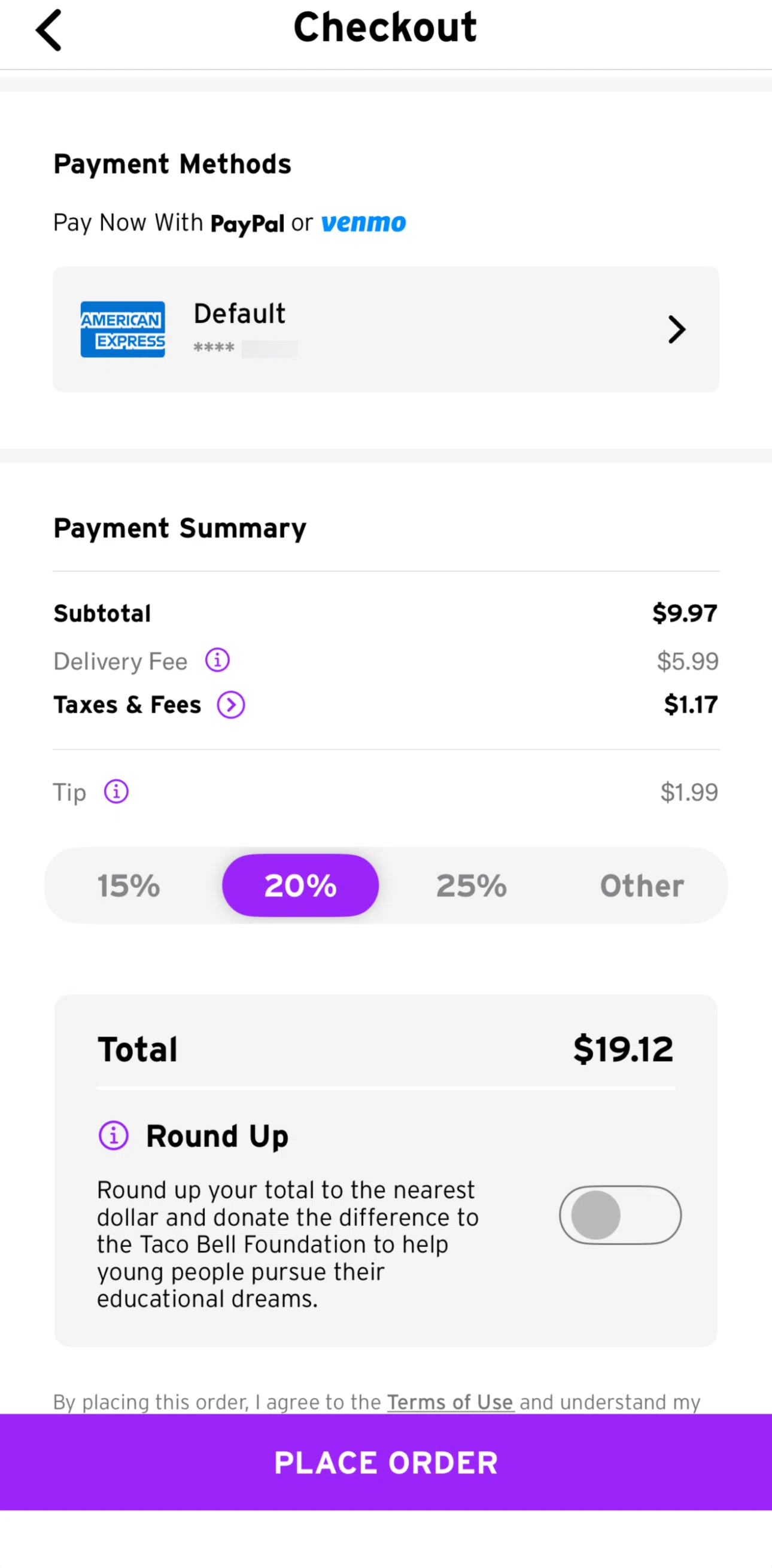 Taco Bell Screen screen in the Customizing tip amount flow