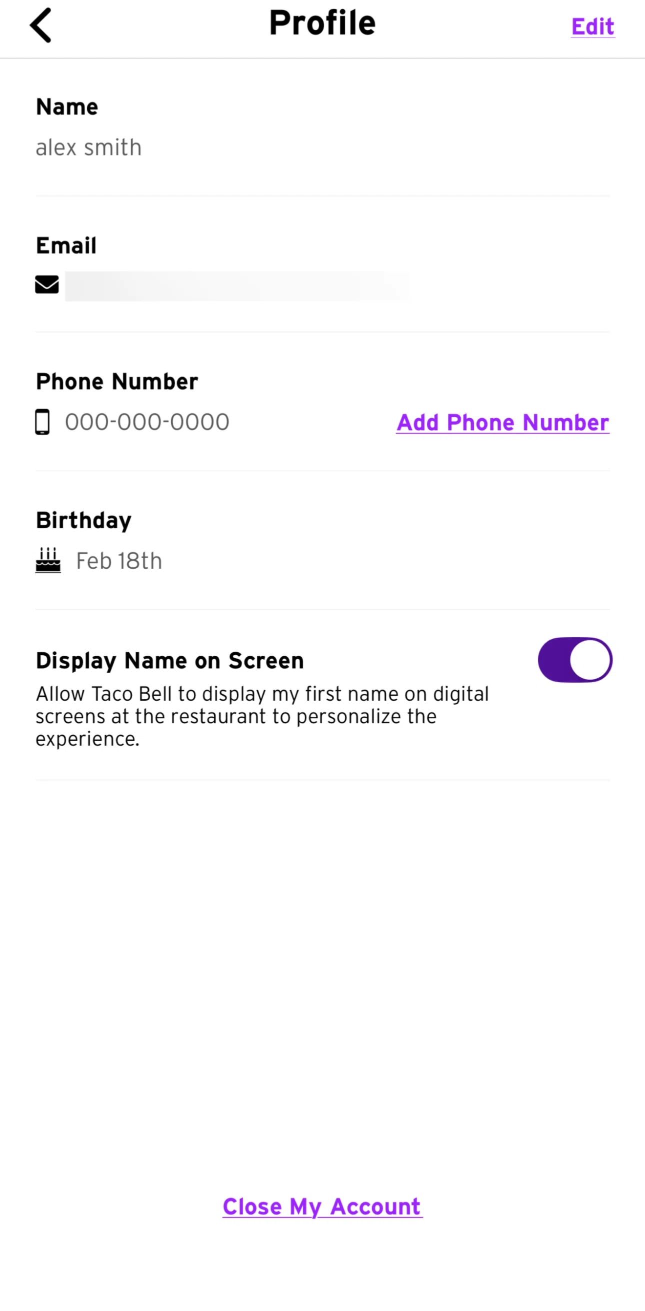 Taco Bell Screen screen in the Editing profile flow