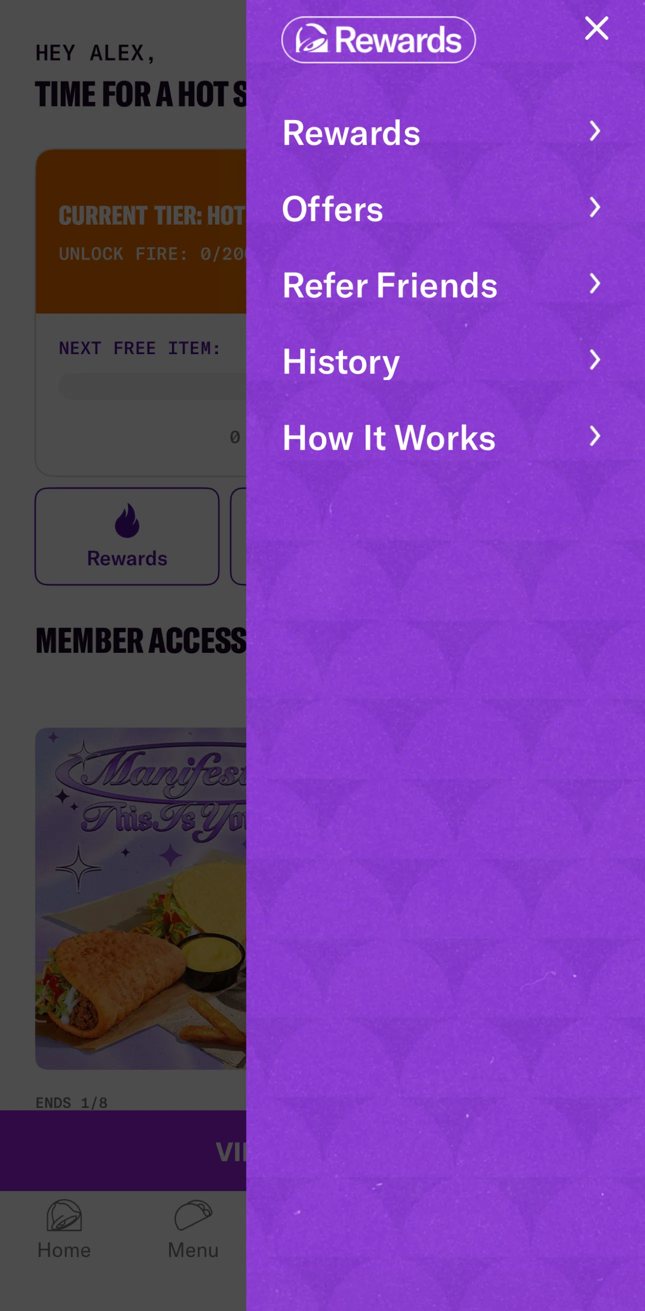 Taco Bell Screen screen in the How it works (order & earn) flow