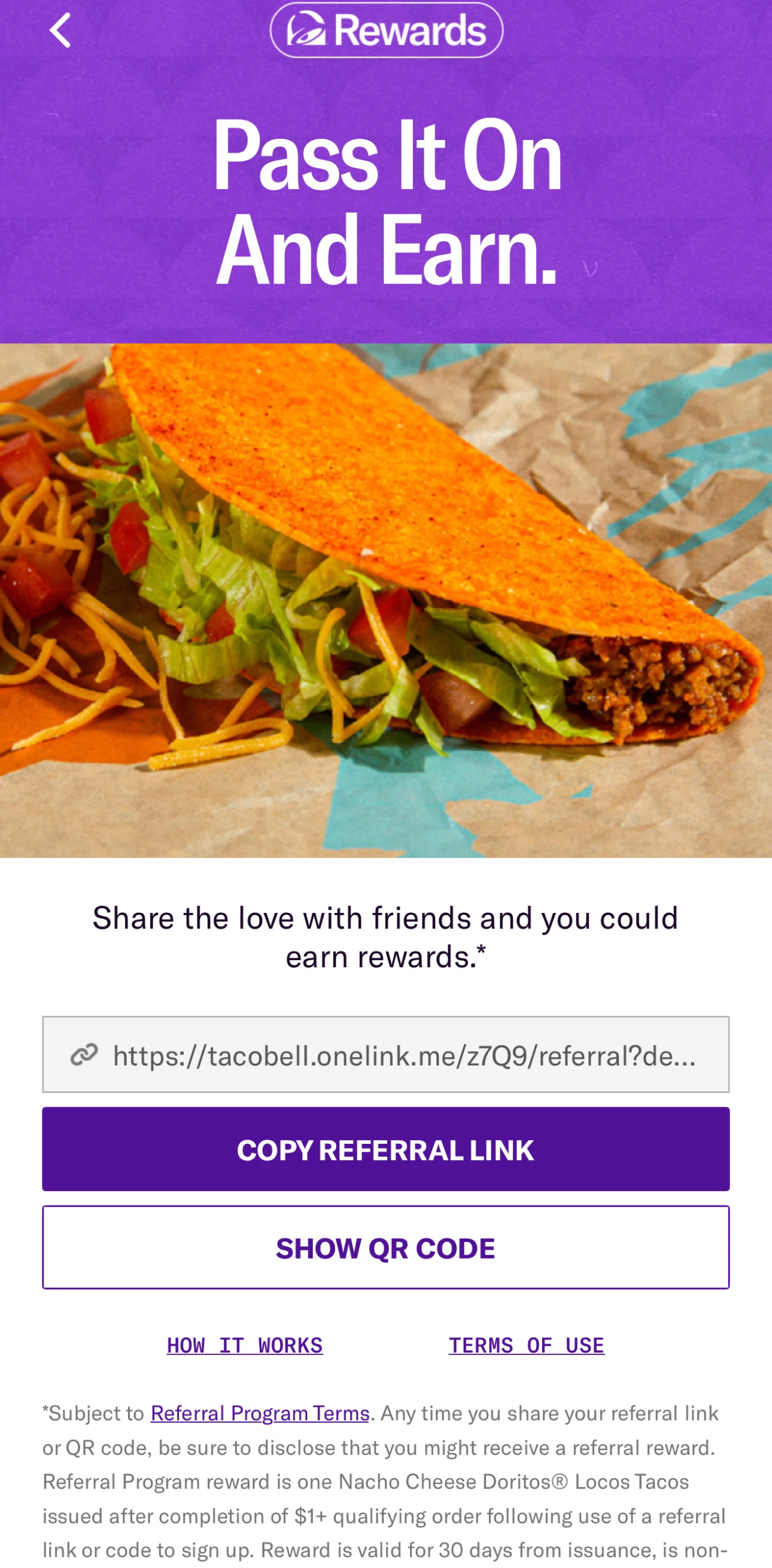 Taco Bell Screen screen in the How it works (refer a friend) flow