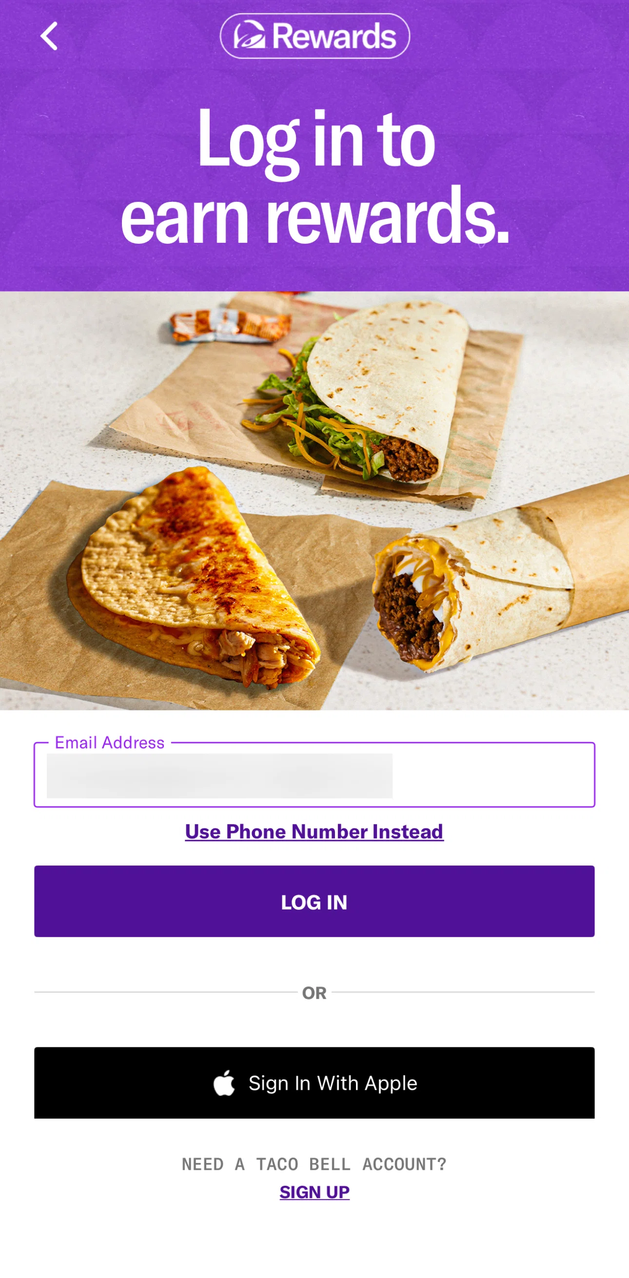 Taco Bell Screen screen in the Logging in flow