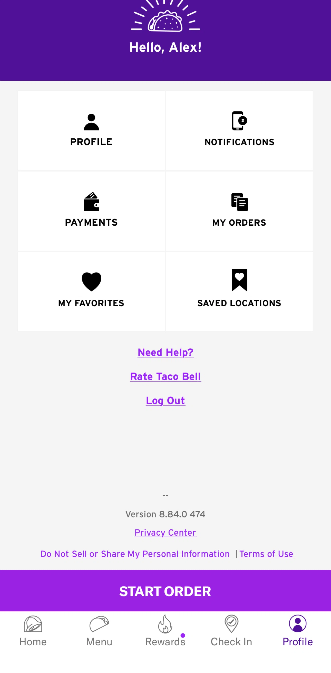 Taco Bell Screen screen in the Payments flow
