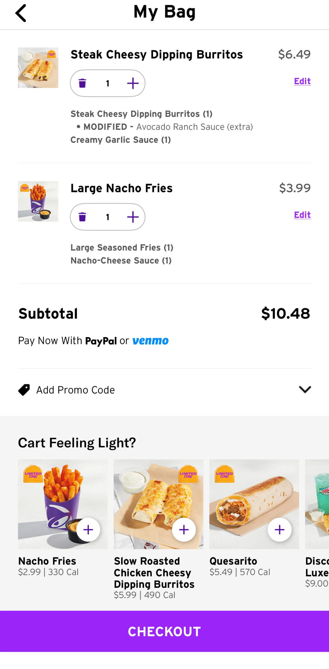 Taco Bell Screen screen in the Placing an order (pick up) flow