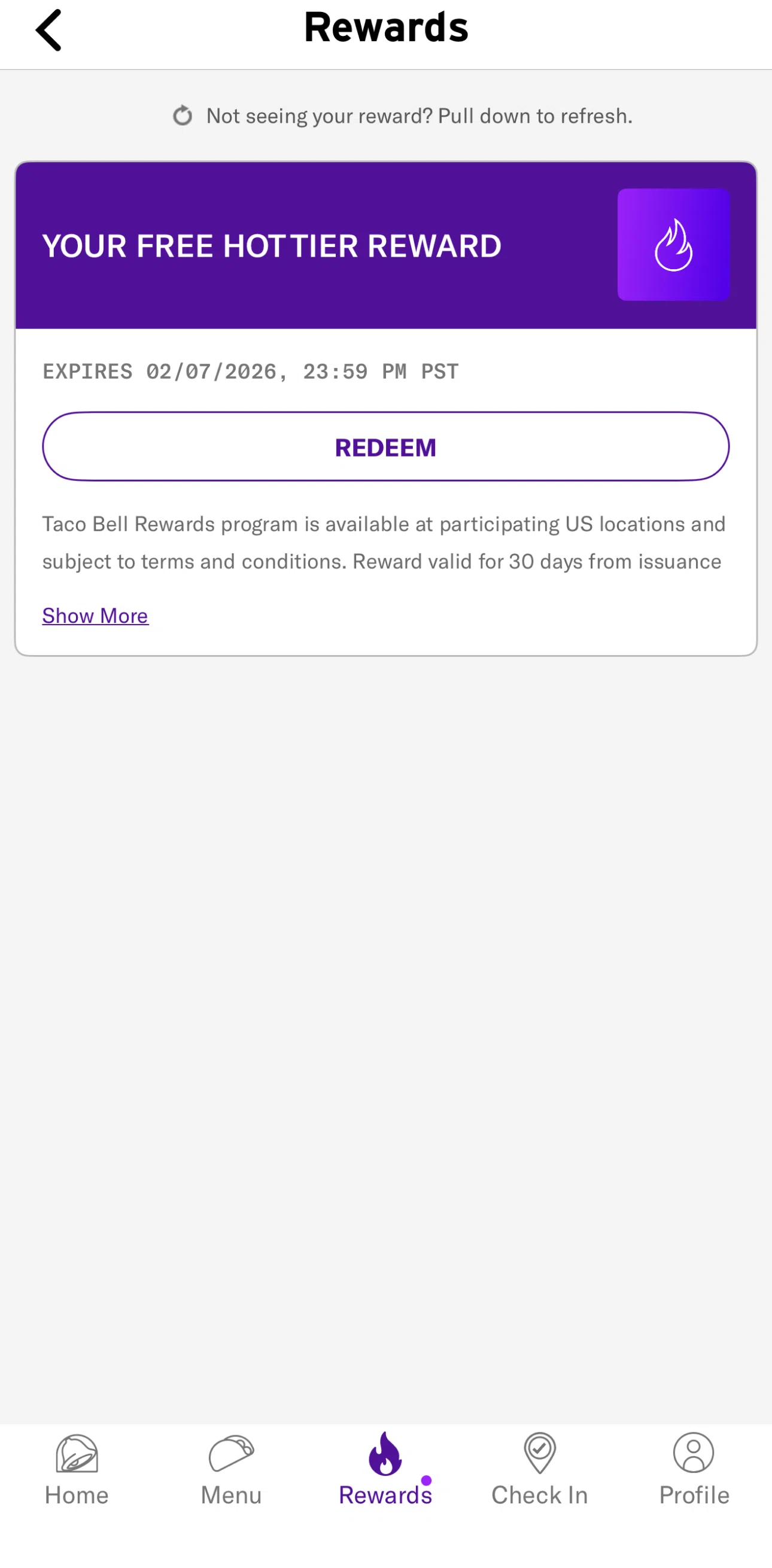 Taco Bell Screen screen in the Redeeming a reward flow