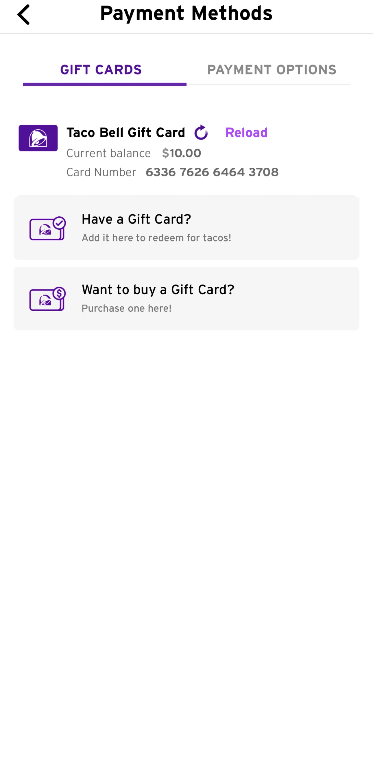Taco Bell Screen screen in the Reload a gift card flow
