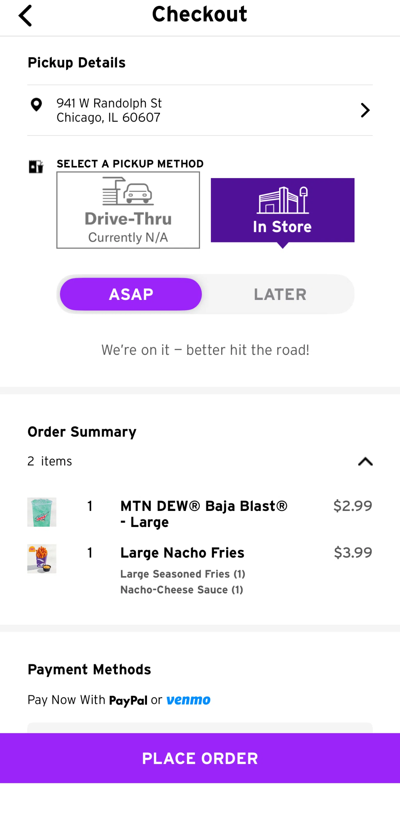 Taco Bell Screen screen in the Scheduling a pickup time flow