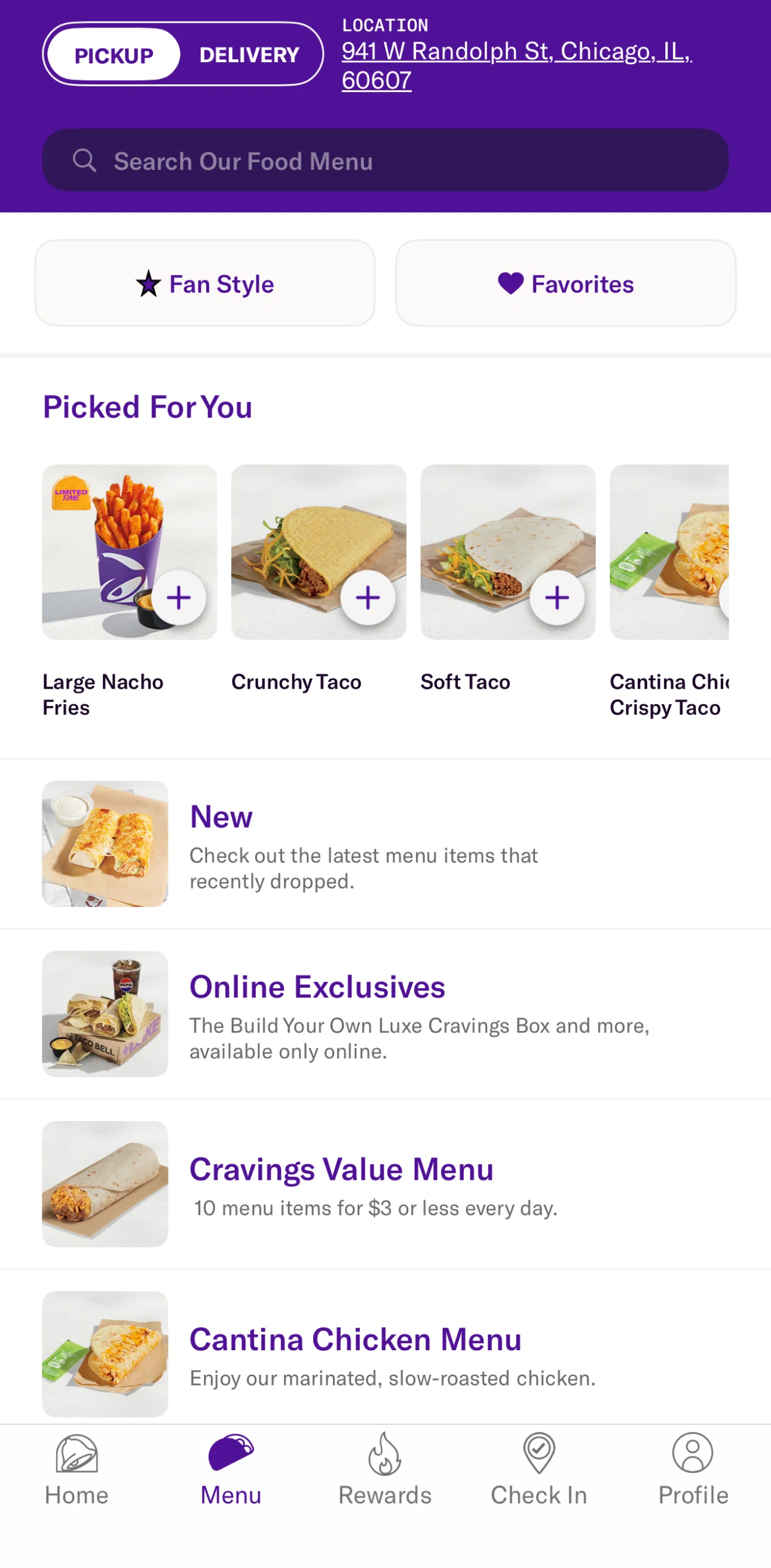 Taco Bell Screen screen in the Searching menu flow