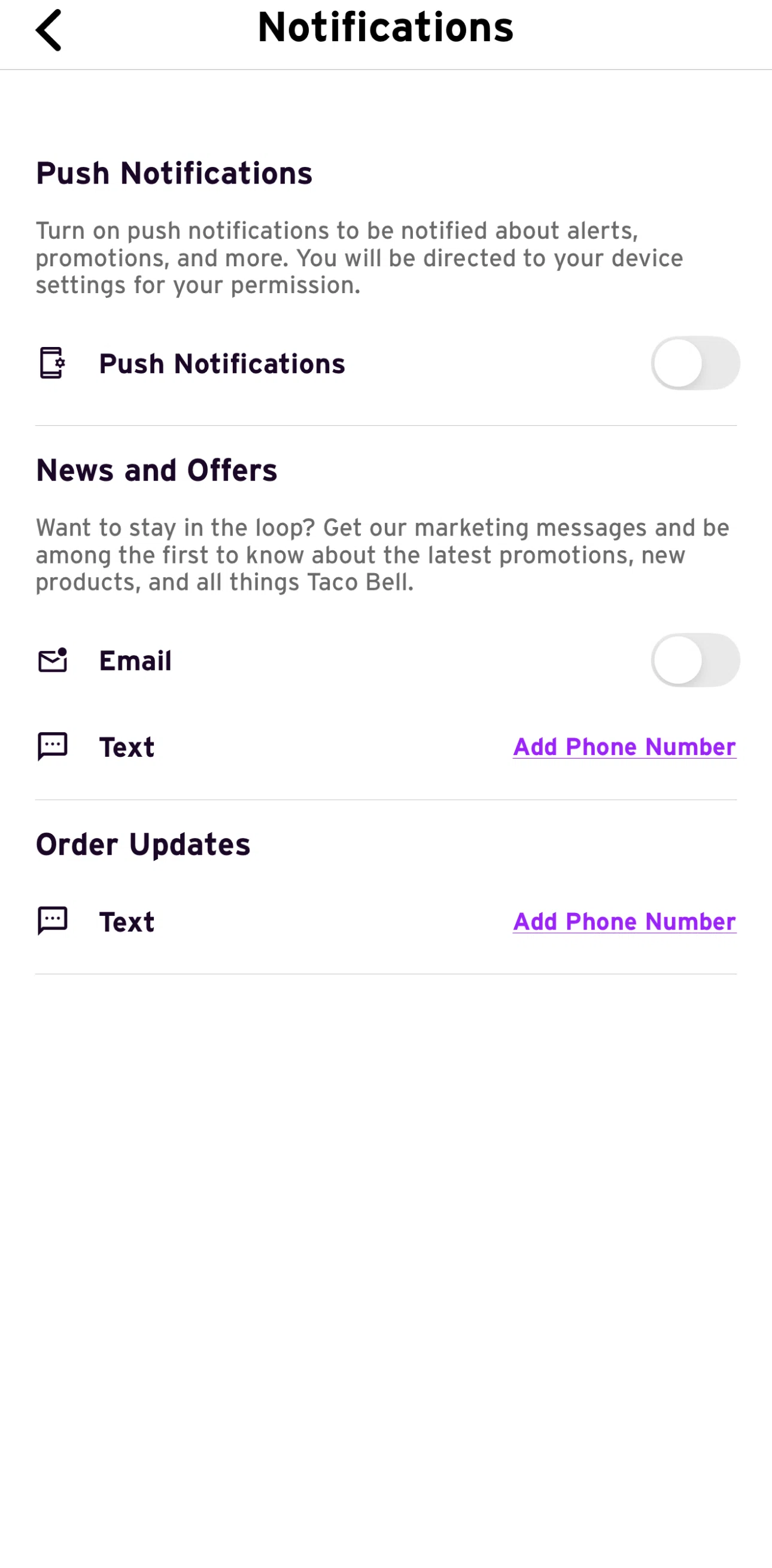 Taco Bell Screen screen in the Turning on notifications flow