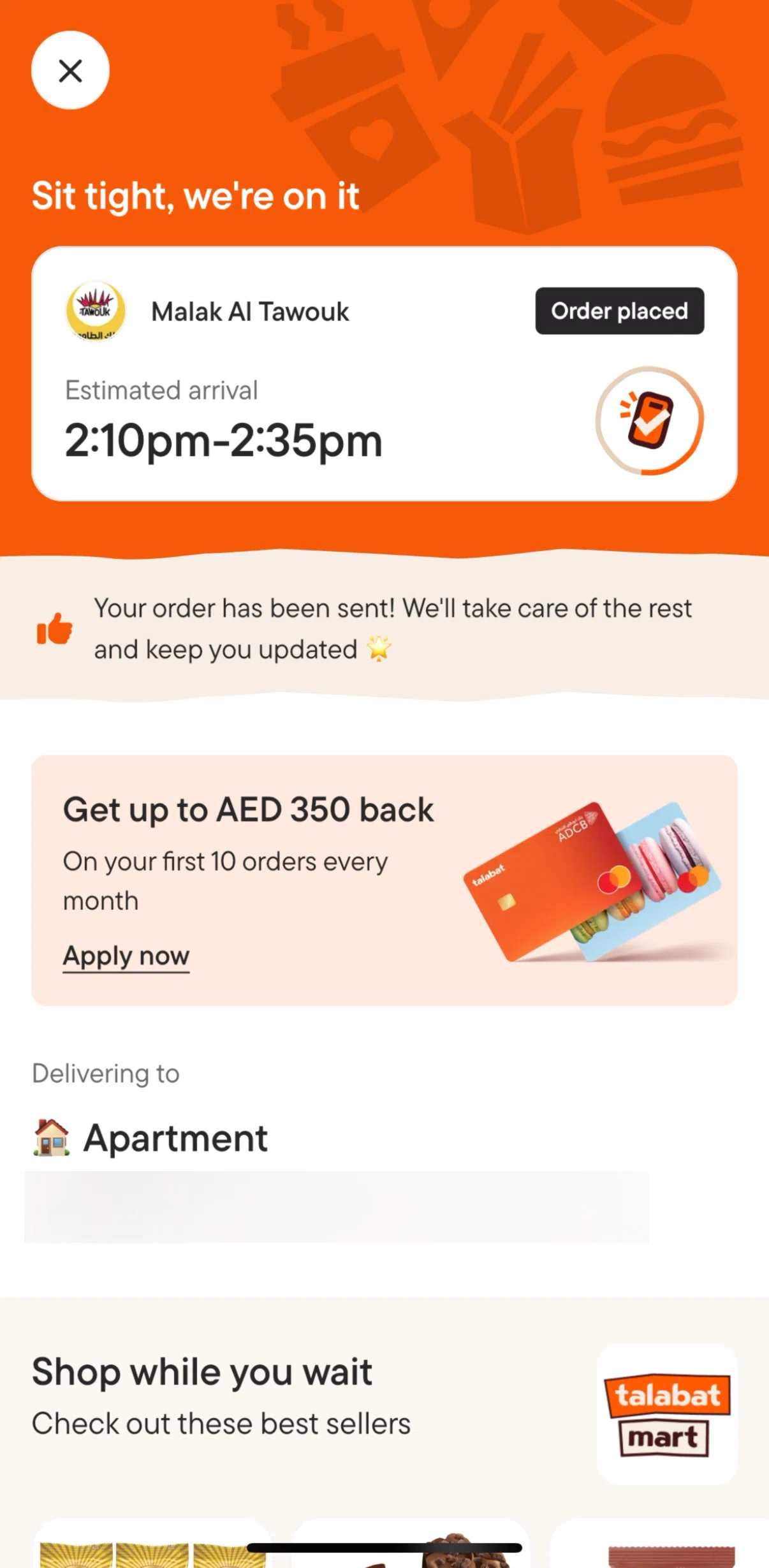 talabat Screen screen in the Delivery status flow