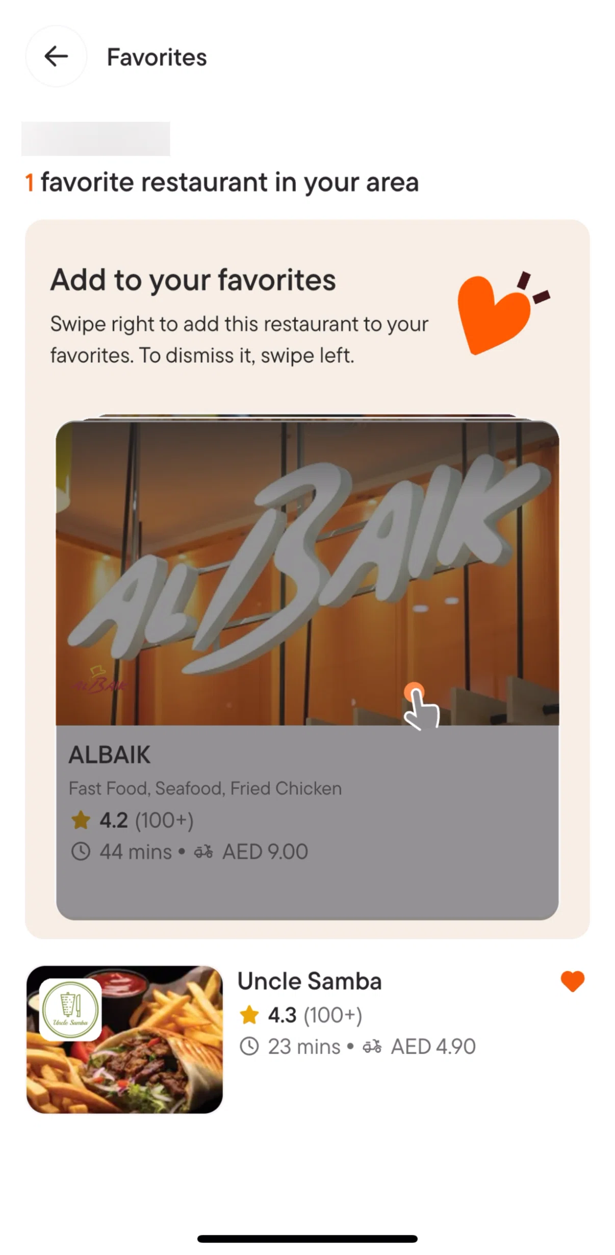 talabat Screen screen in the Swiping to add to favorites flow