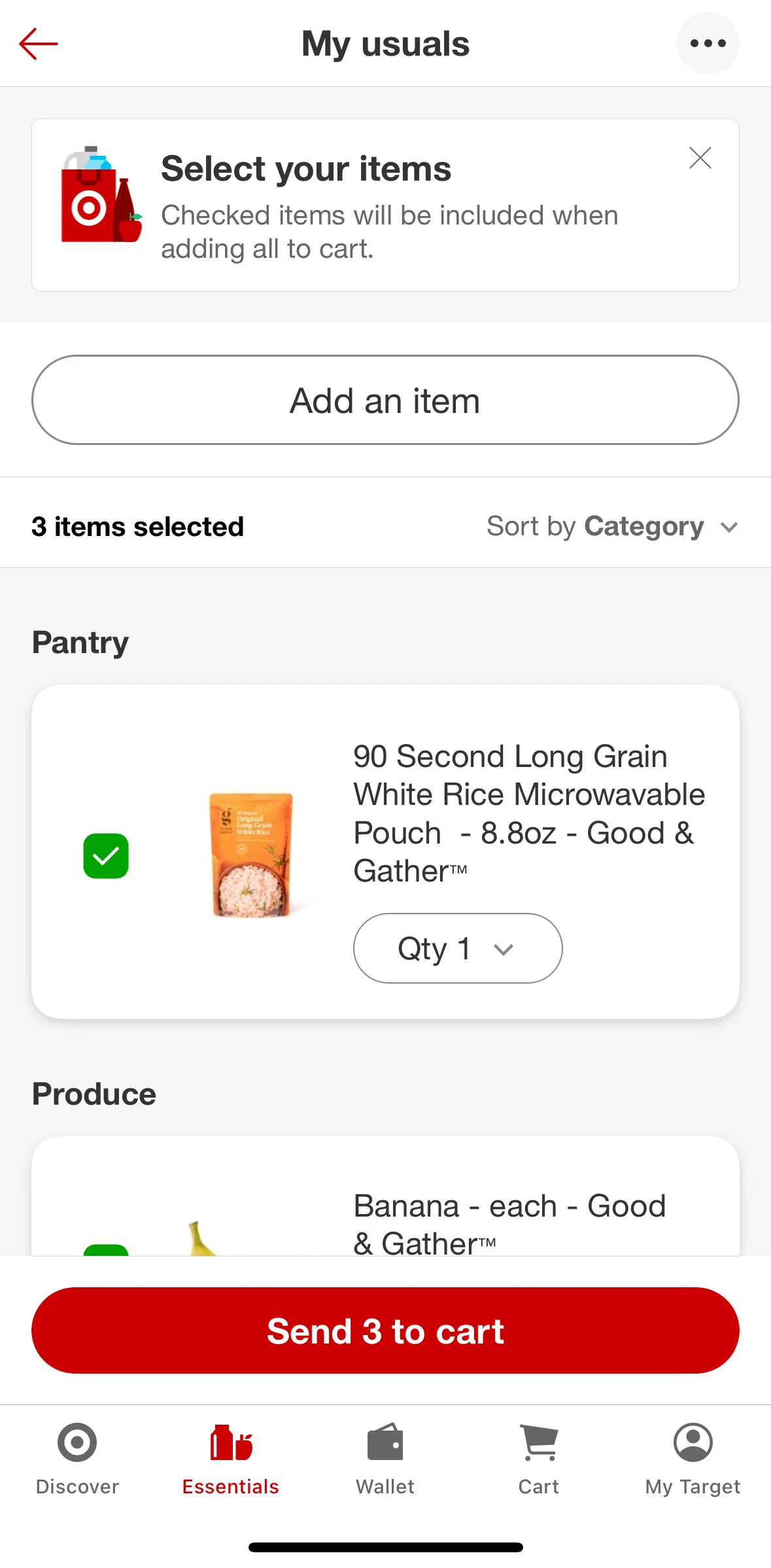 Target Screen screen in the Adding my usuals to cart flow