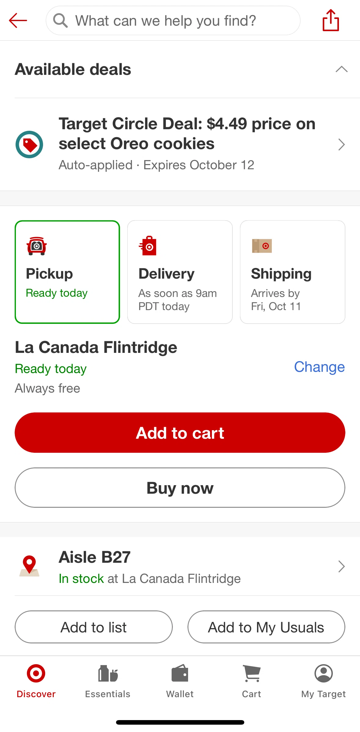 Target Screen screen in the Adding to cart (pickup) flow