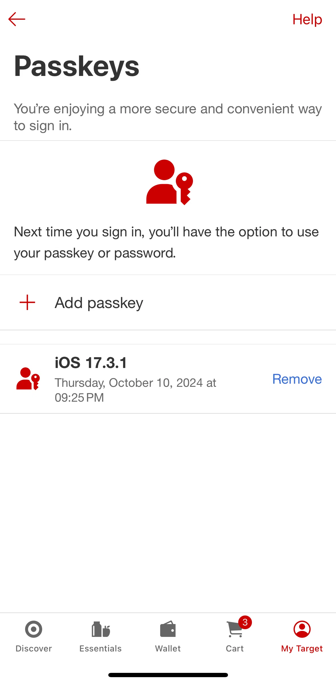 Target Screen screen in the Removing a passkey flow