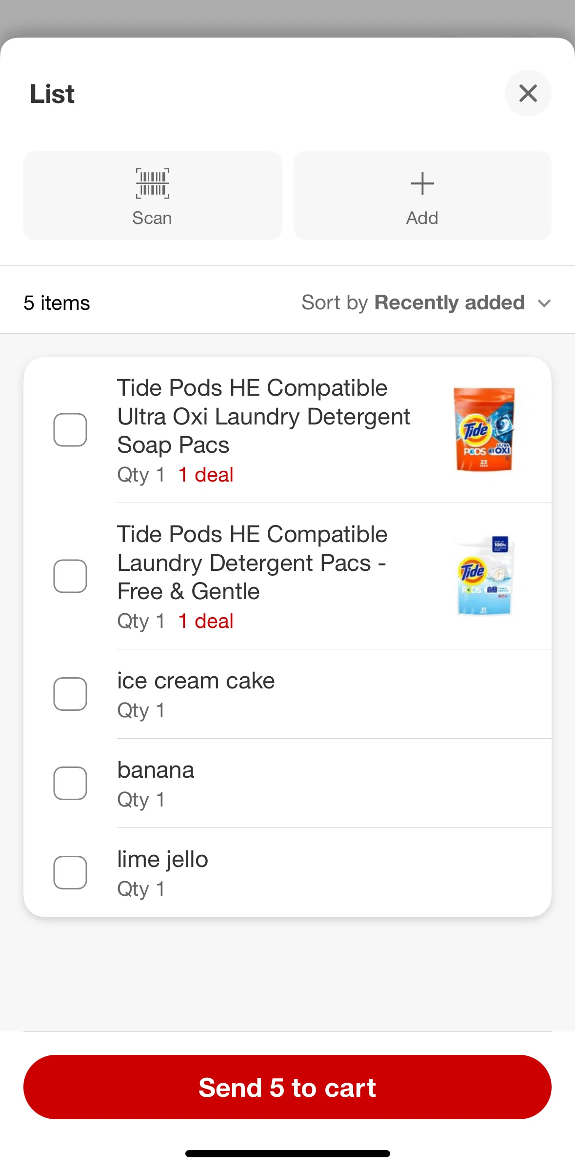 Target Screen screen in the Sending a list to cart flow