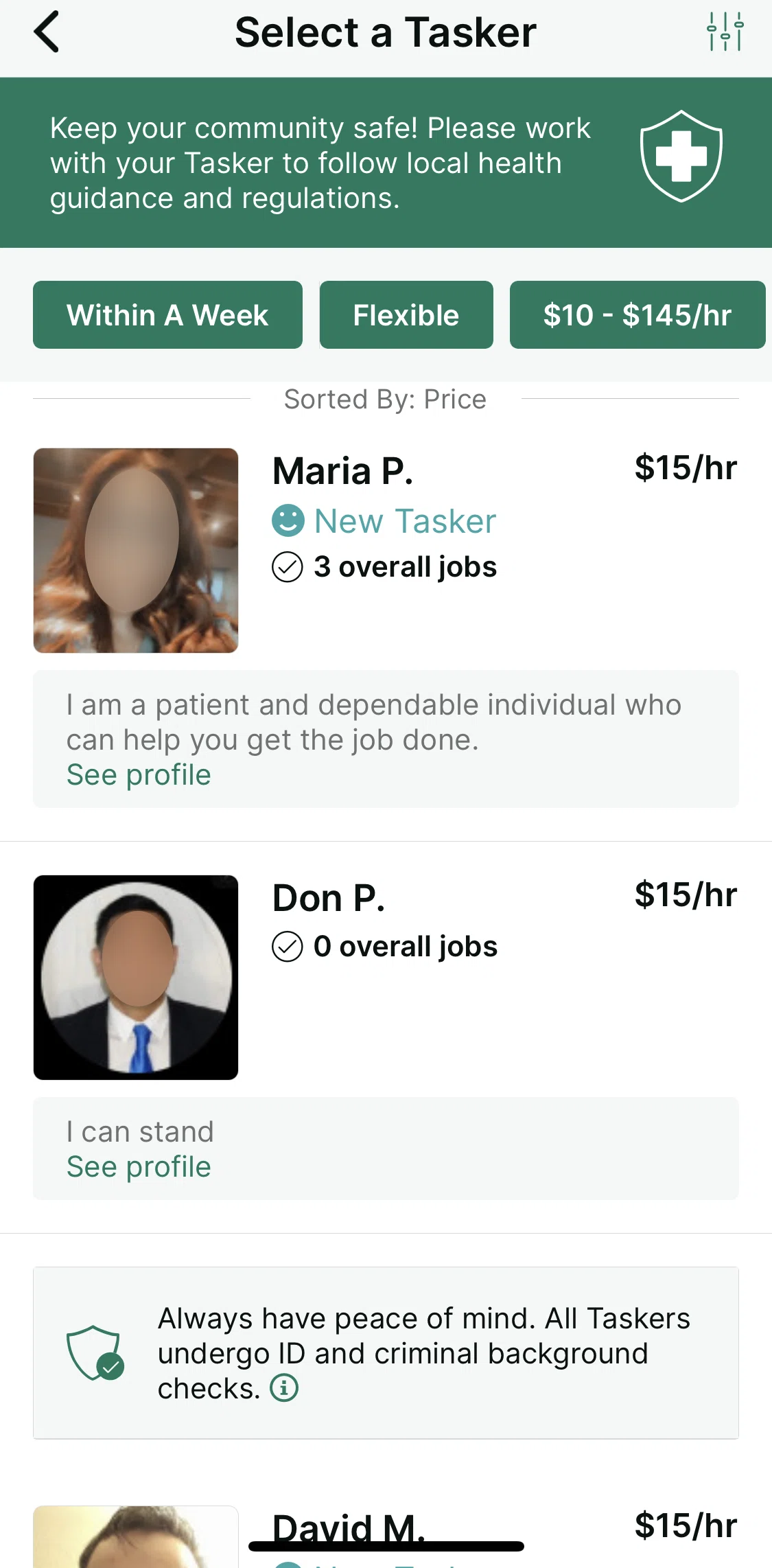 TaskRabbit Screen screen in the Booking a Tasker flow
