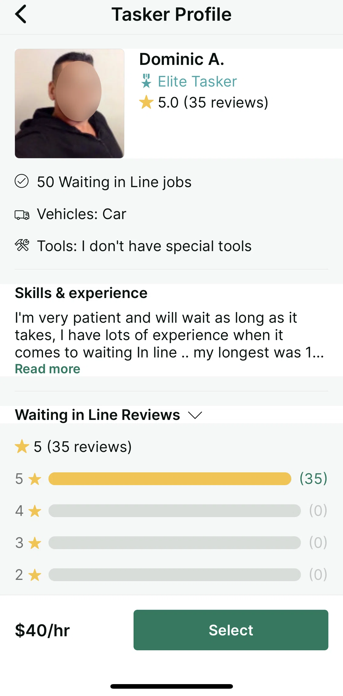 TaskRabbit Screen screen in the Filtering reviews flow