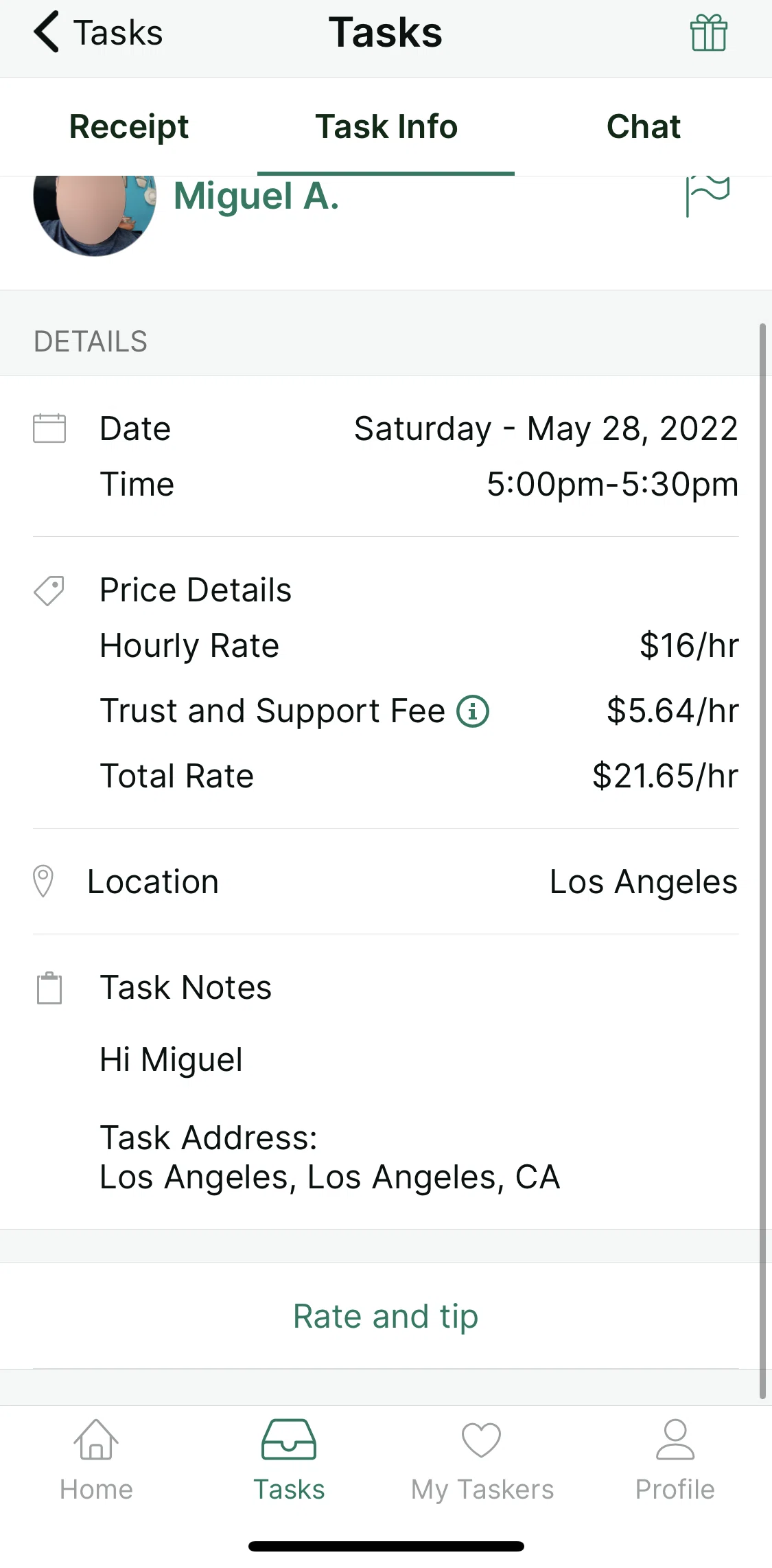 TaskRabbit Screen screen in the Rating and tipping Tasker flow