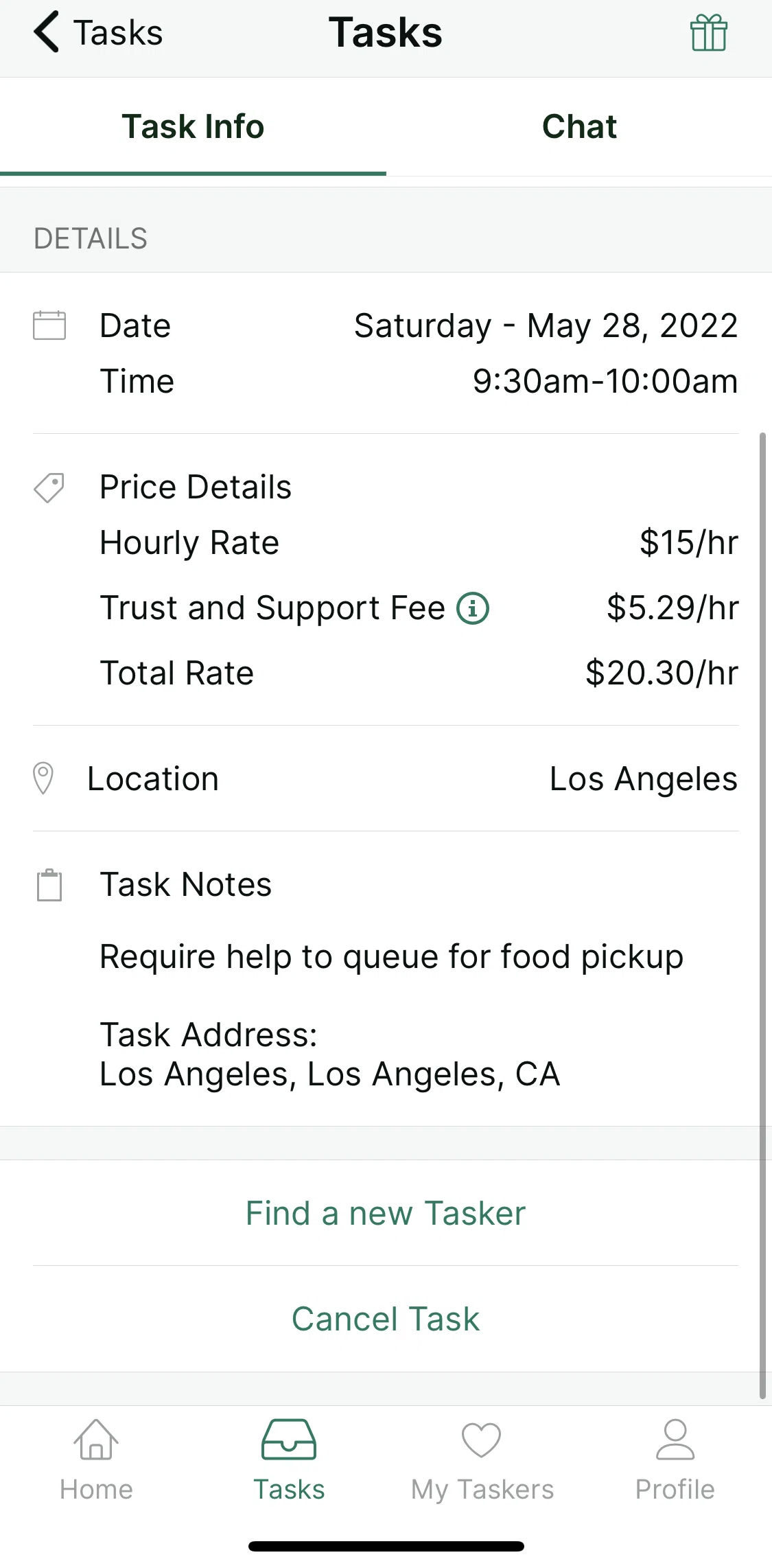 TaskRabbit Screen screen in the Rebooking a task flow