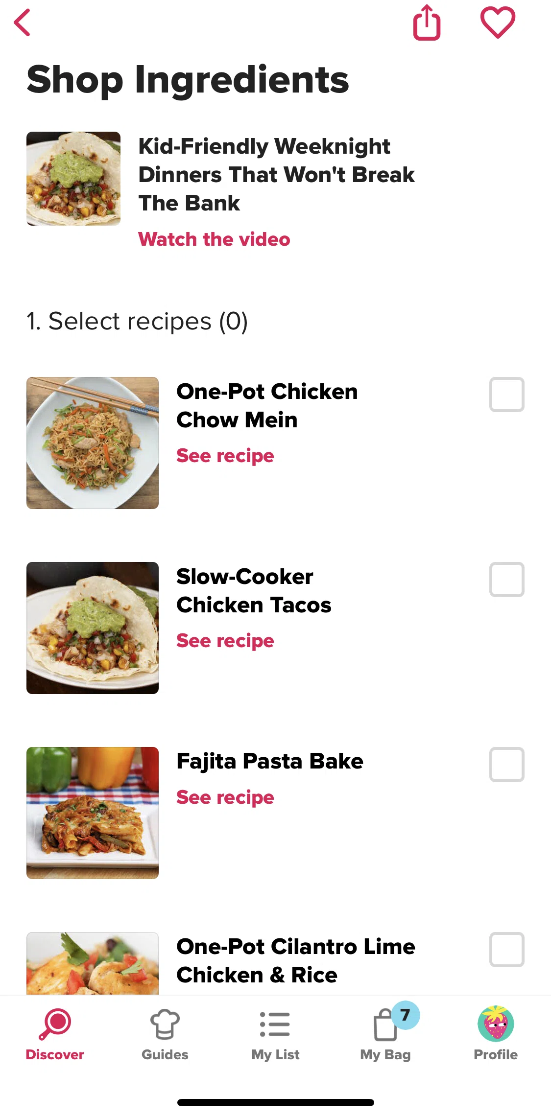Tasty Screen screen in the Adding ingredients to grocery bag flow
