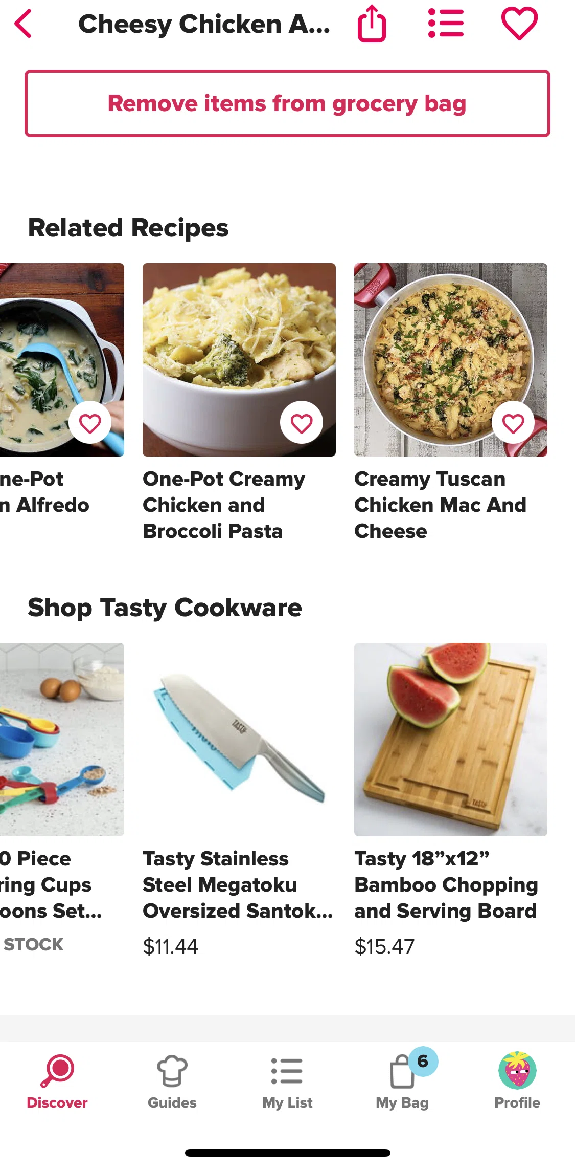 Tasty Screen screen in the Adding items to grocery bag (cookware) flow