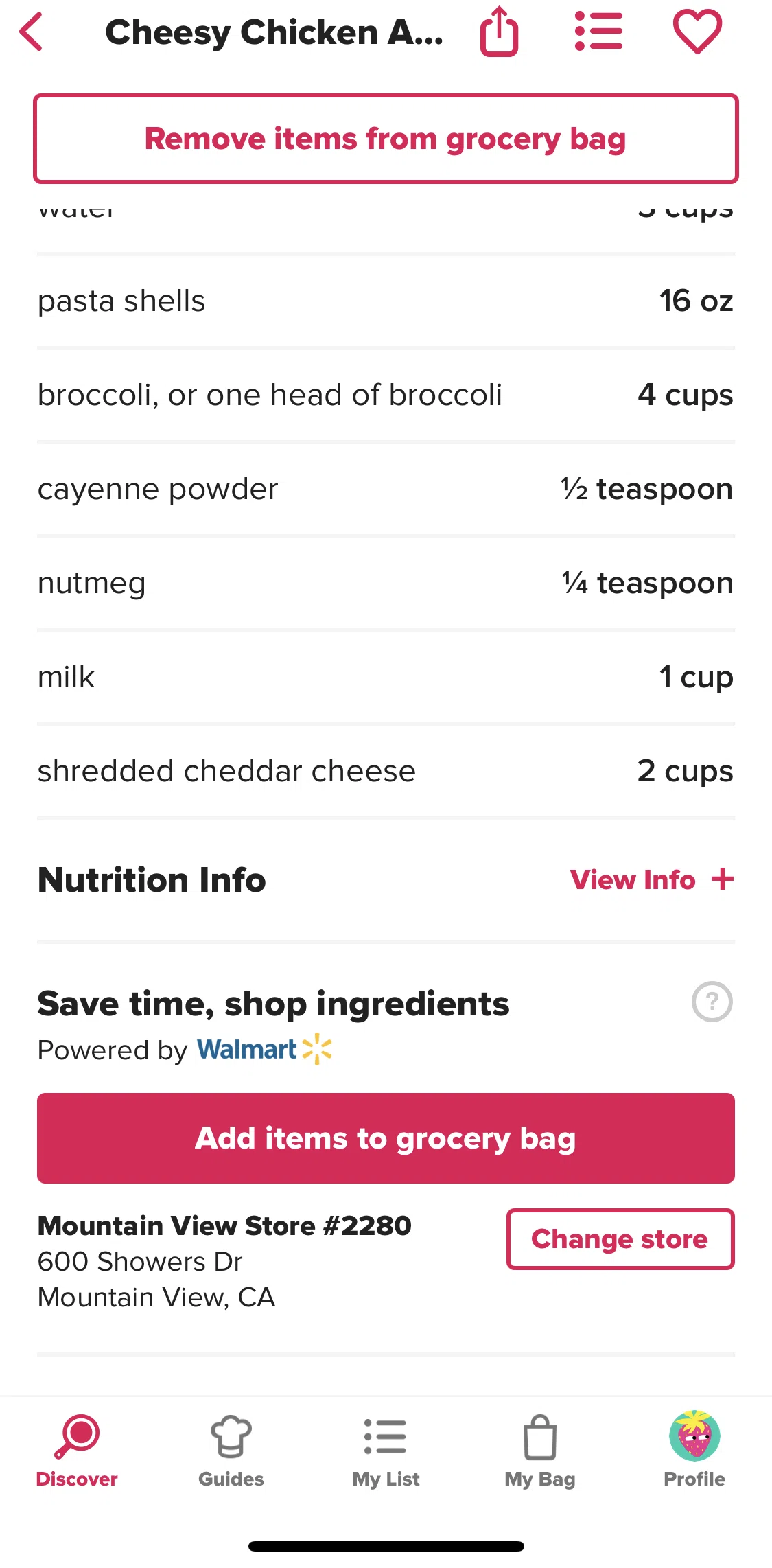 Tasty Screen screen in the Adding items to grocery bag flow