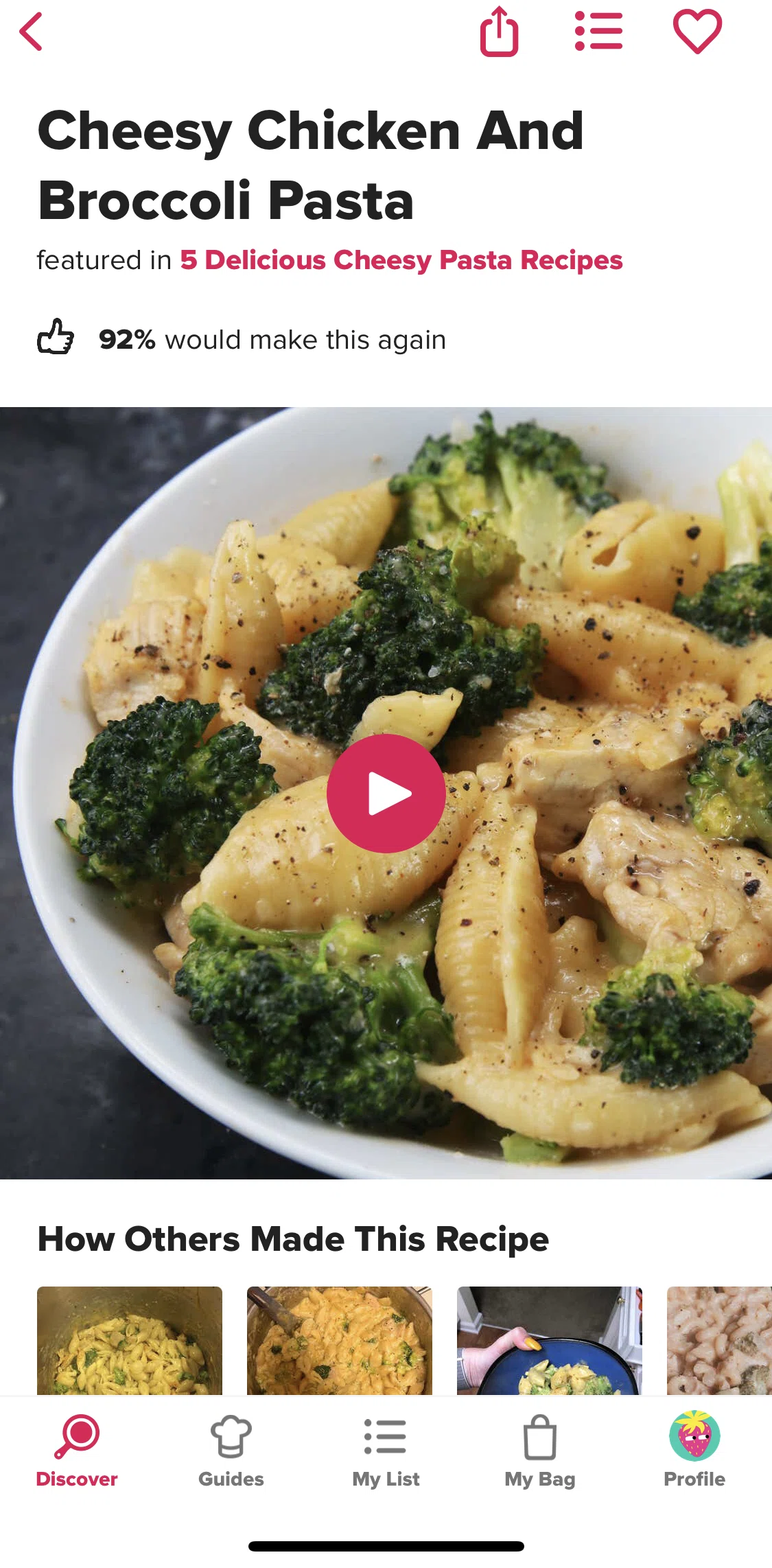 Tasty Screen screen in the Adding recipe to shopping list flow