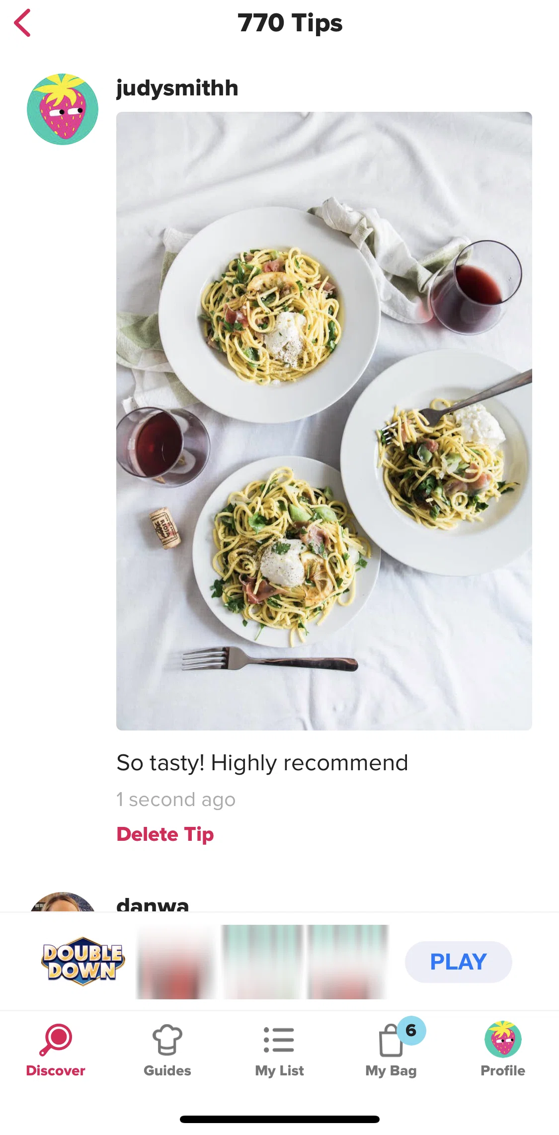 Tasty Screen screen in the Deleting a tip flow