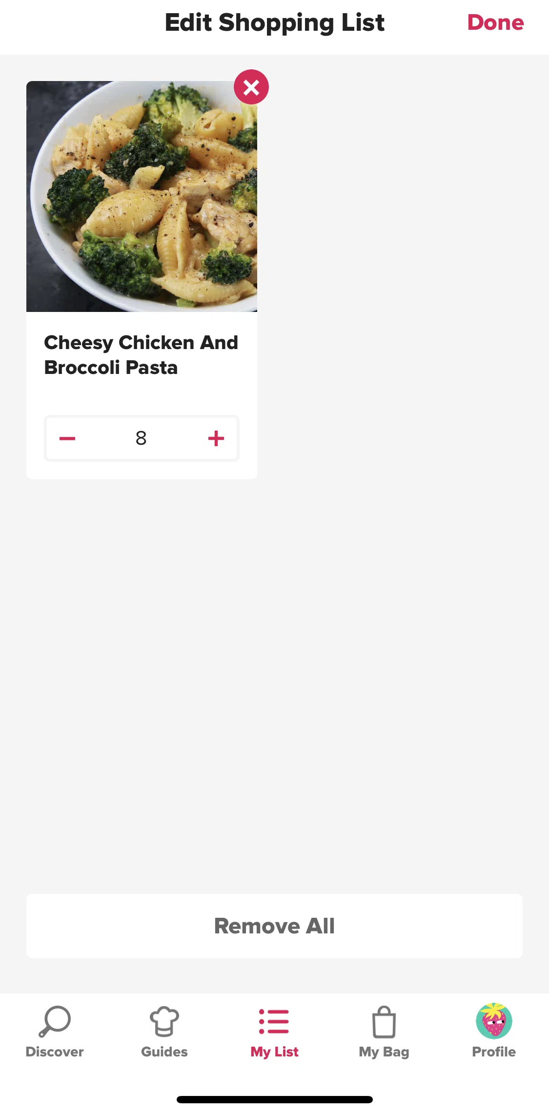 Tasty Screen screen in the Removing all items from shopping list flow