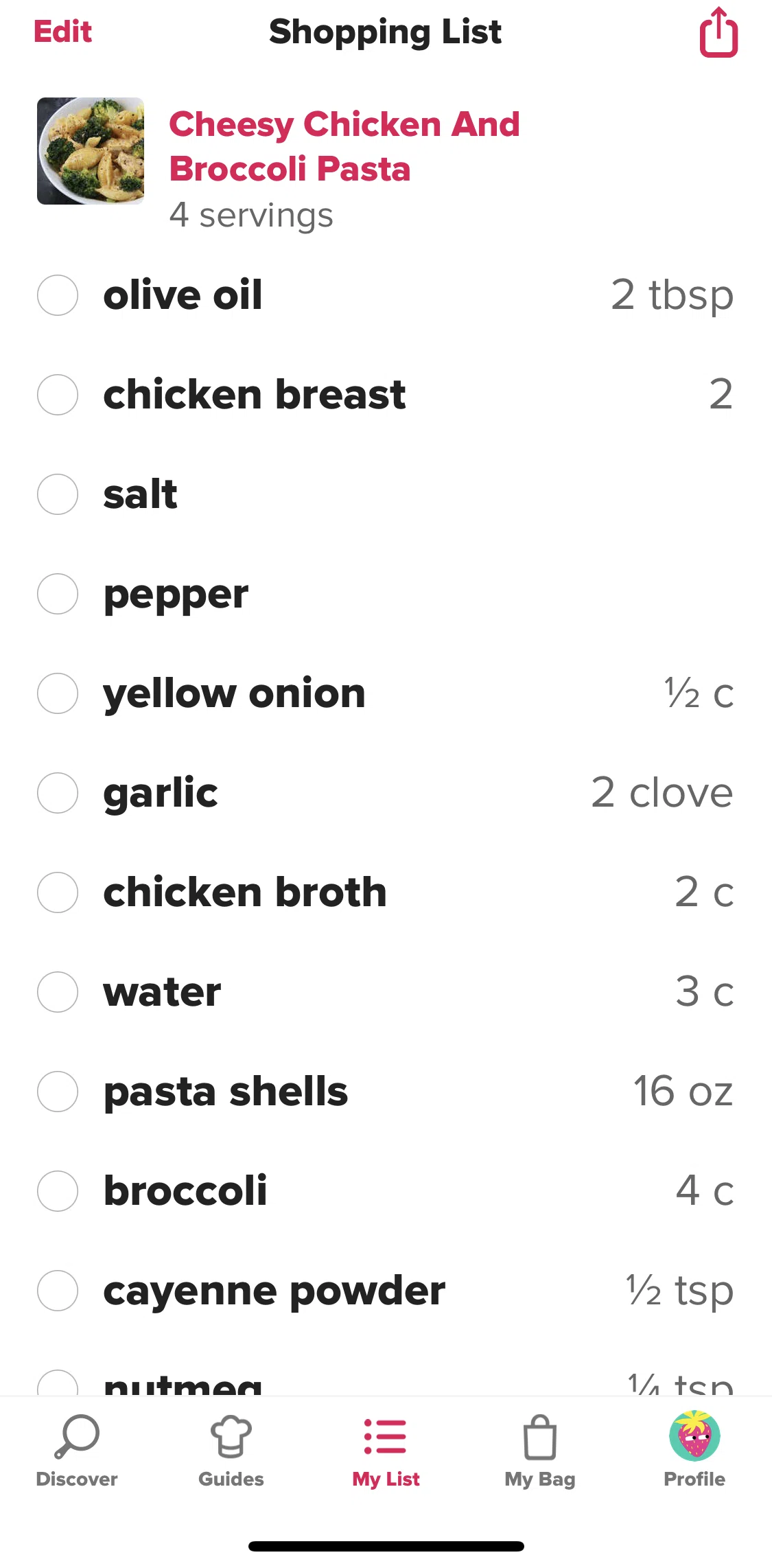 Tasty Screen screen in the Shopping list flow