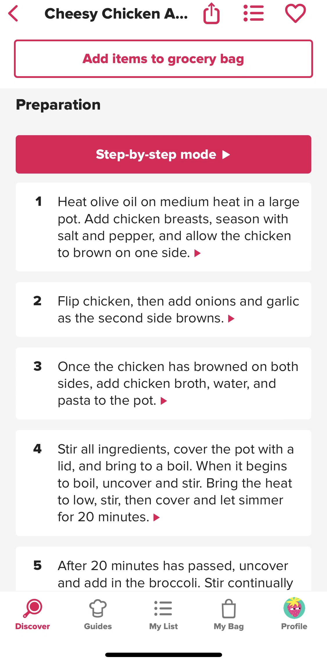 Tasty Screen screen in the Step-by-step mode flow