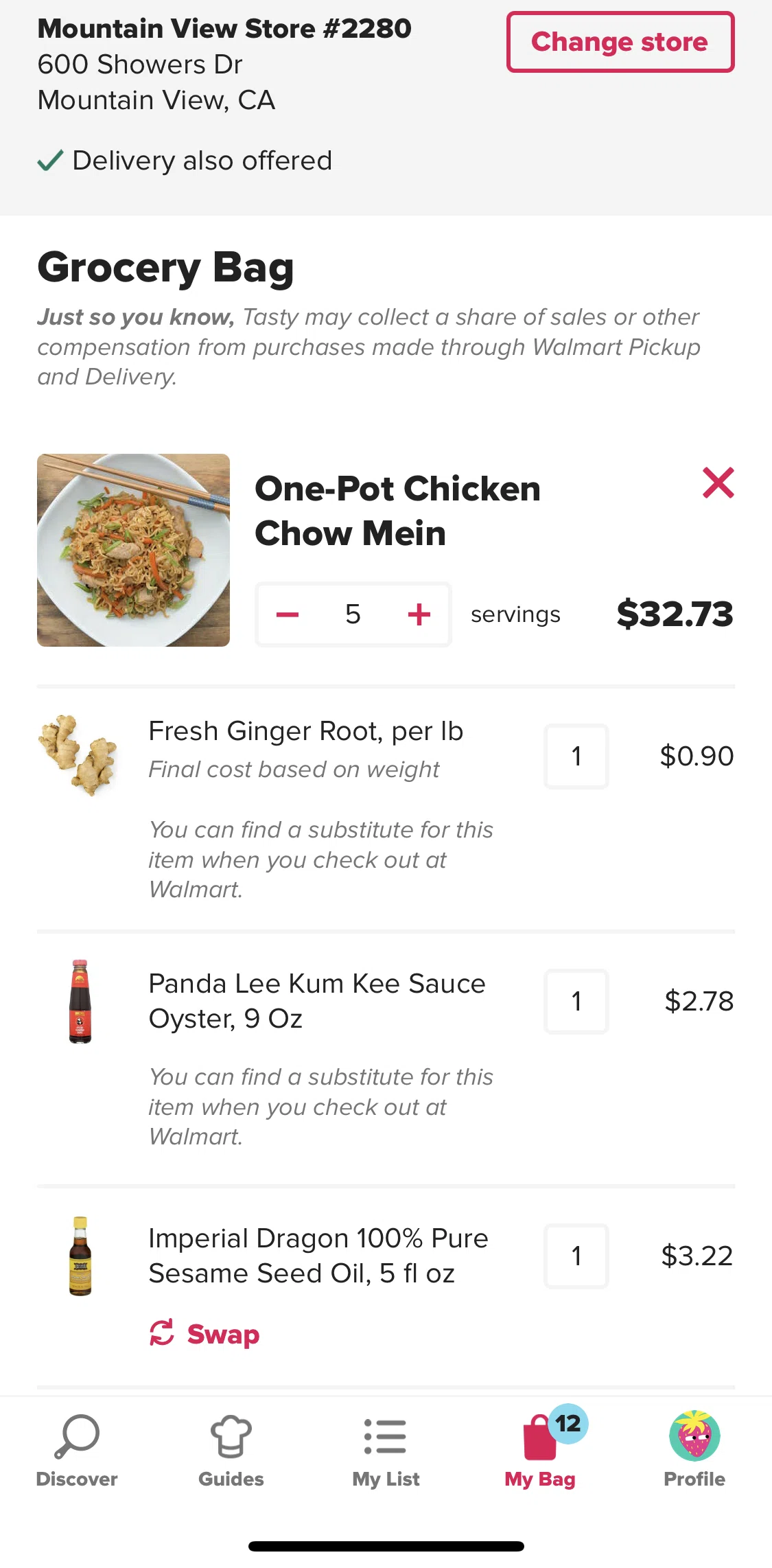 Tasty Screen screen in the Swapping an item in grocery bag flow