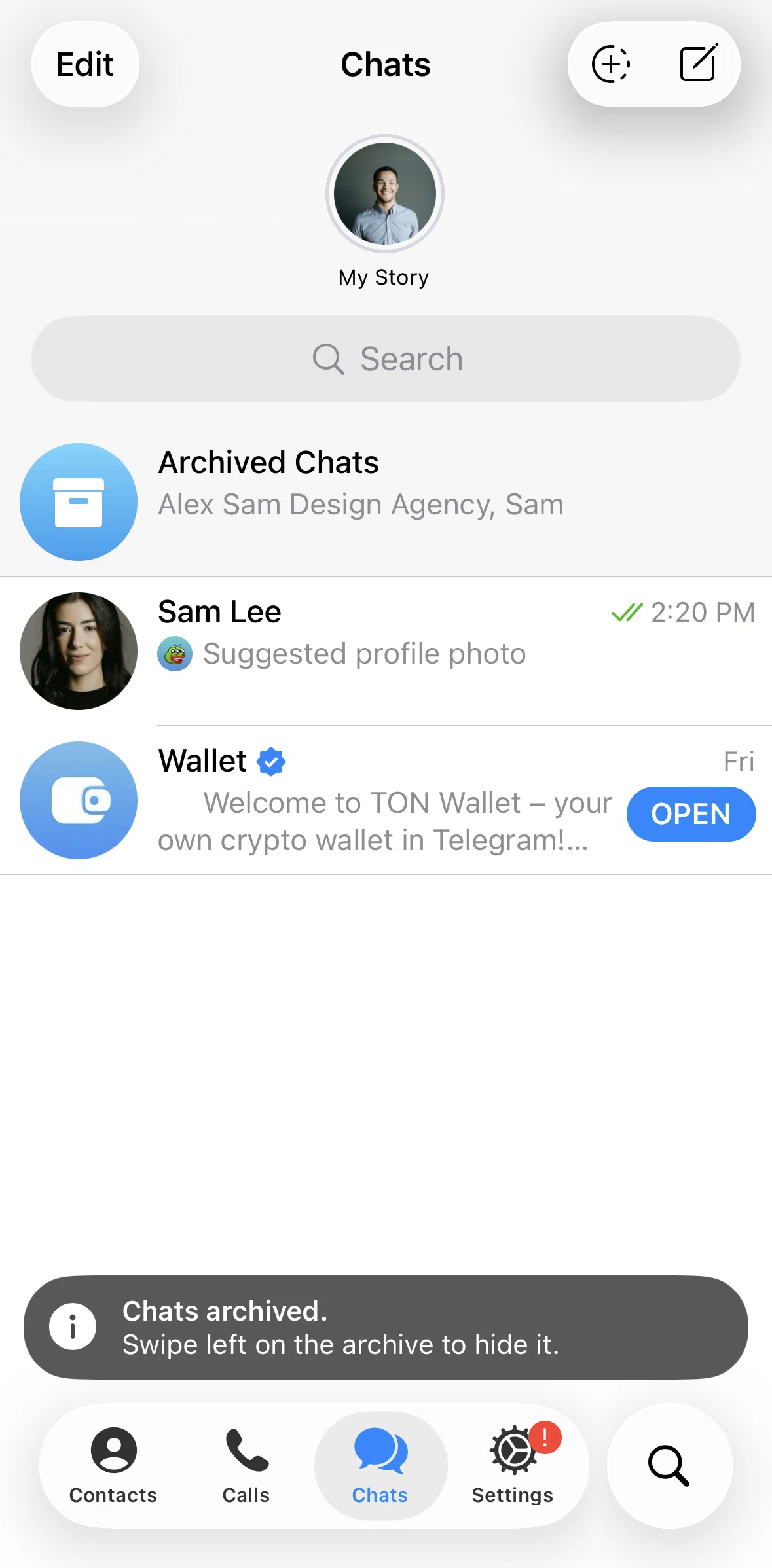 Telegram Screen screen in the Archived chats flow