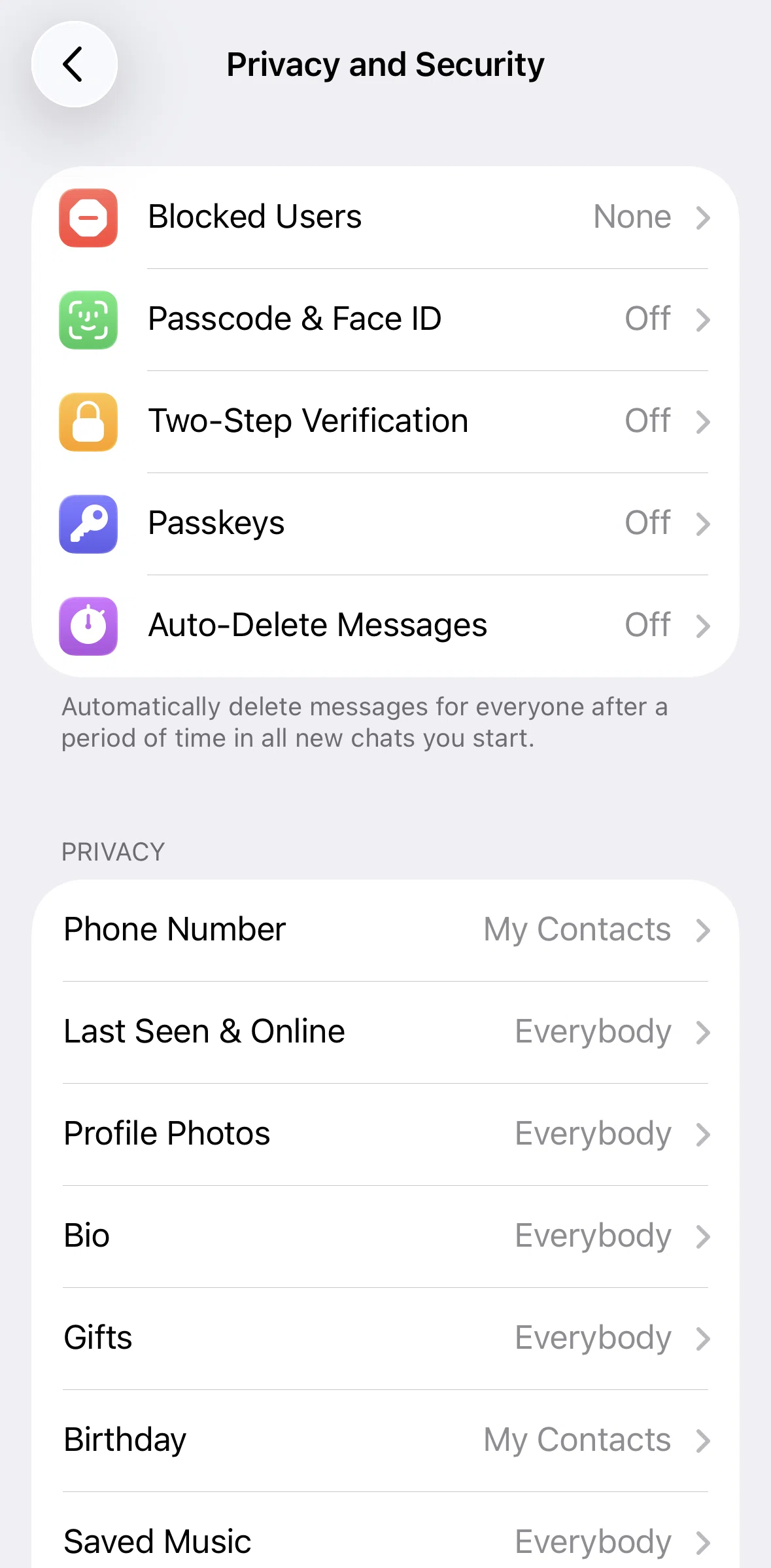Telegram Screen screen in the Changing last seen & online settings flow