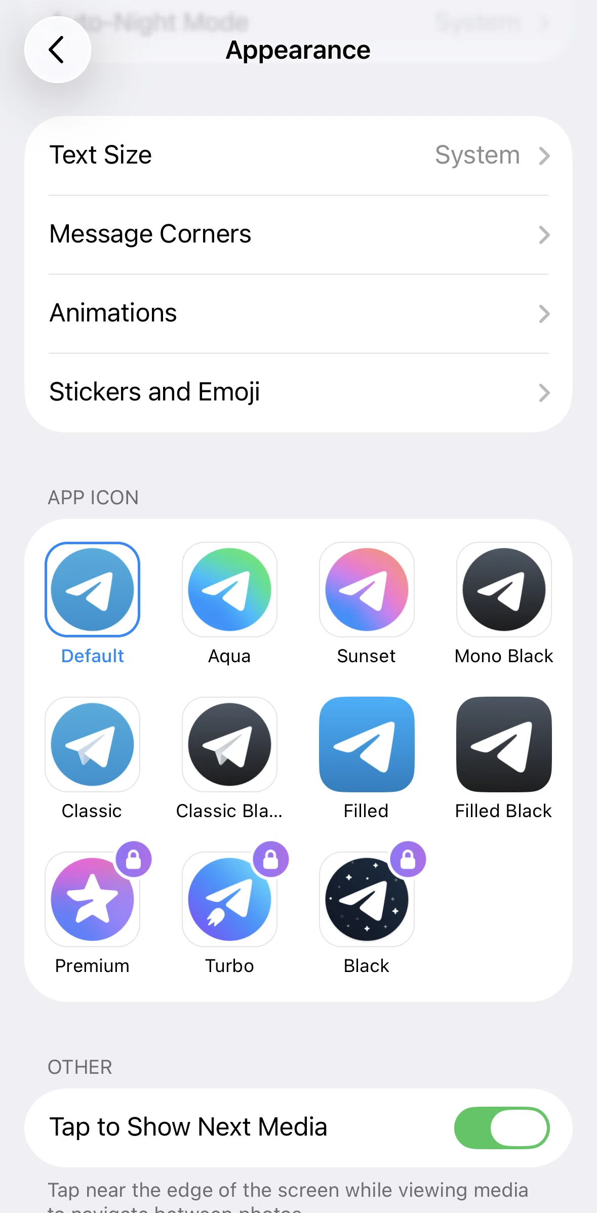 Telegram Screen screen in the Changing text size flow