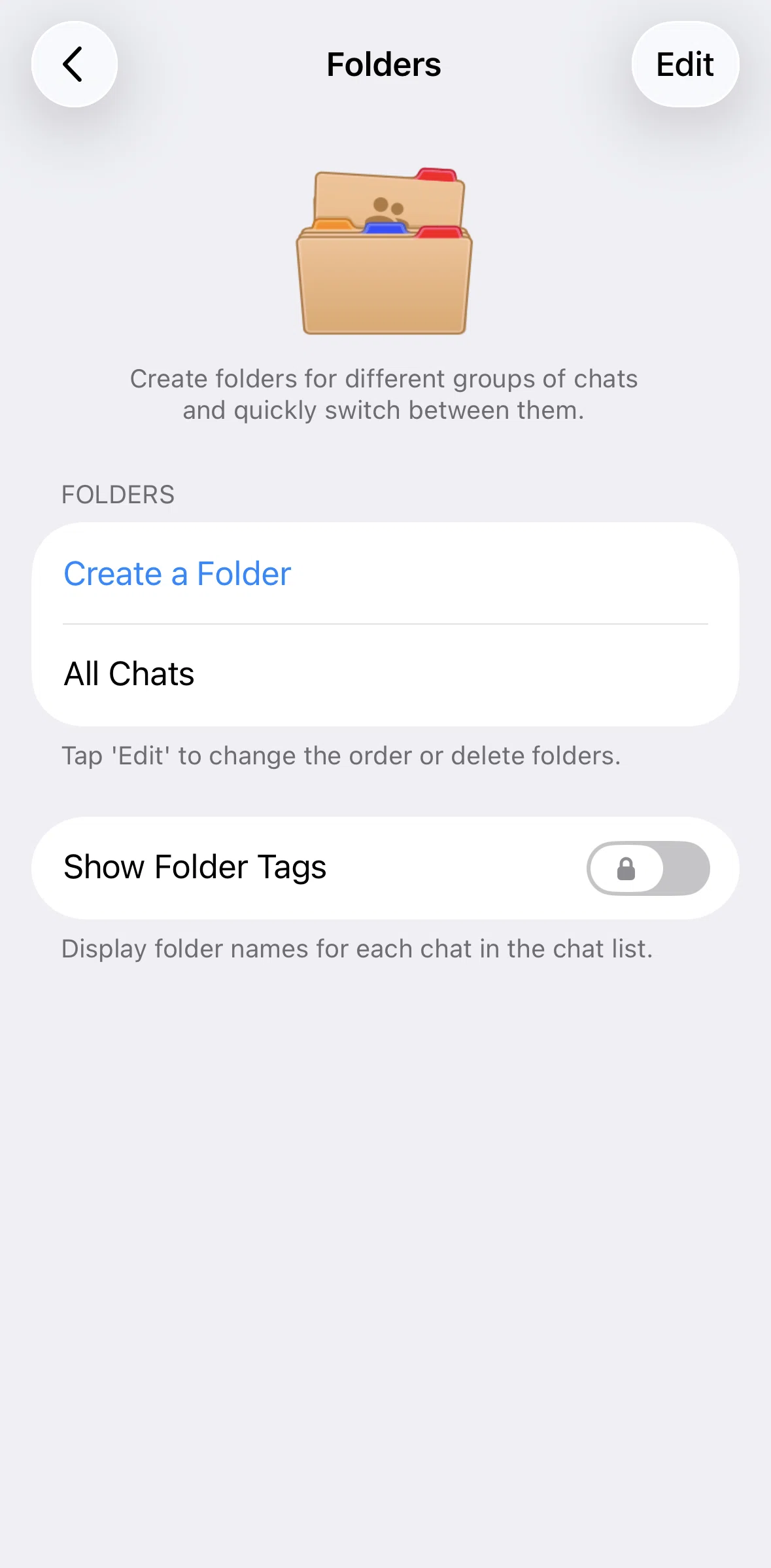 Telegram Screen screen in the Creating a folder flow