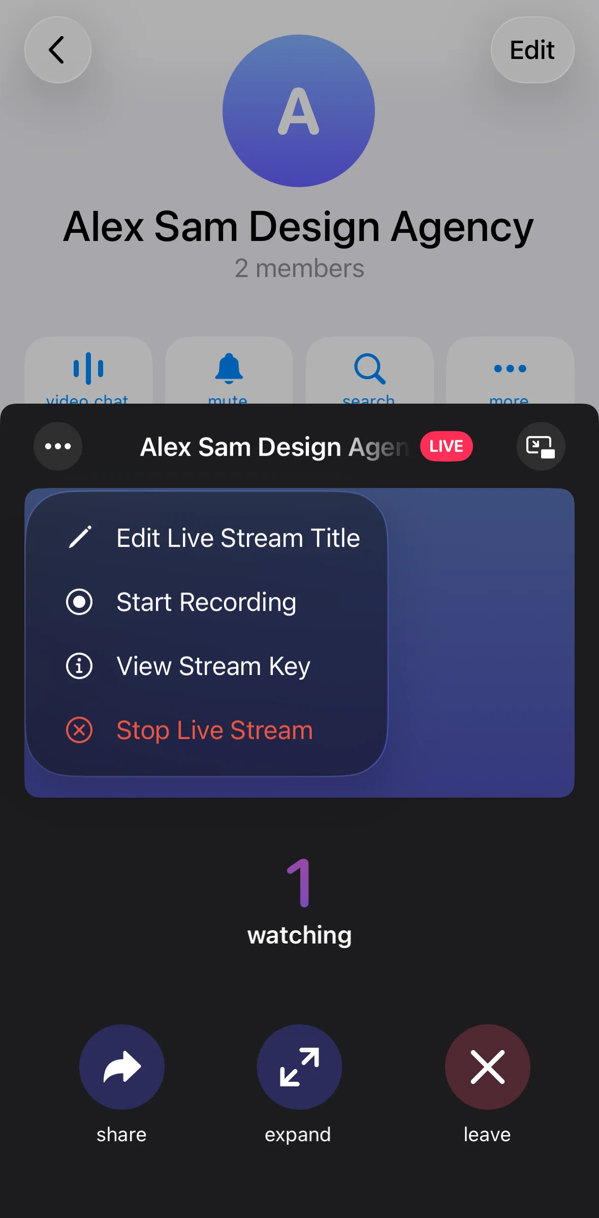 Telegram Screen screen in the Ending a live stream flow