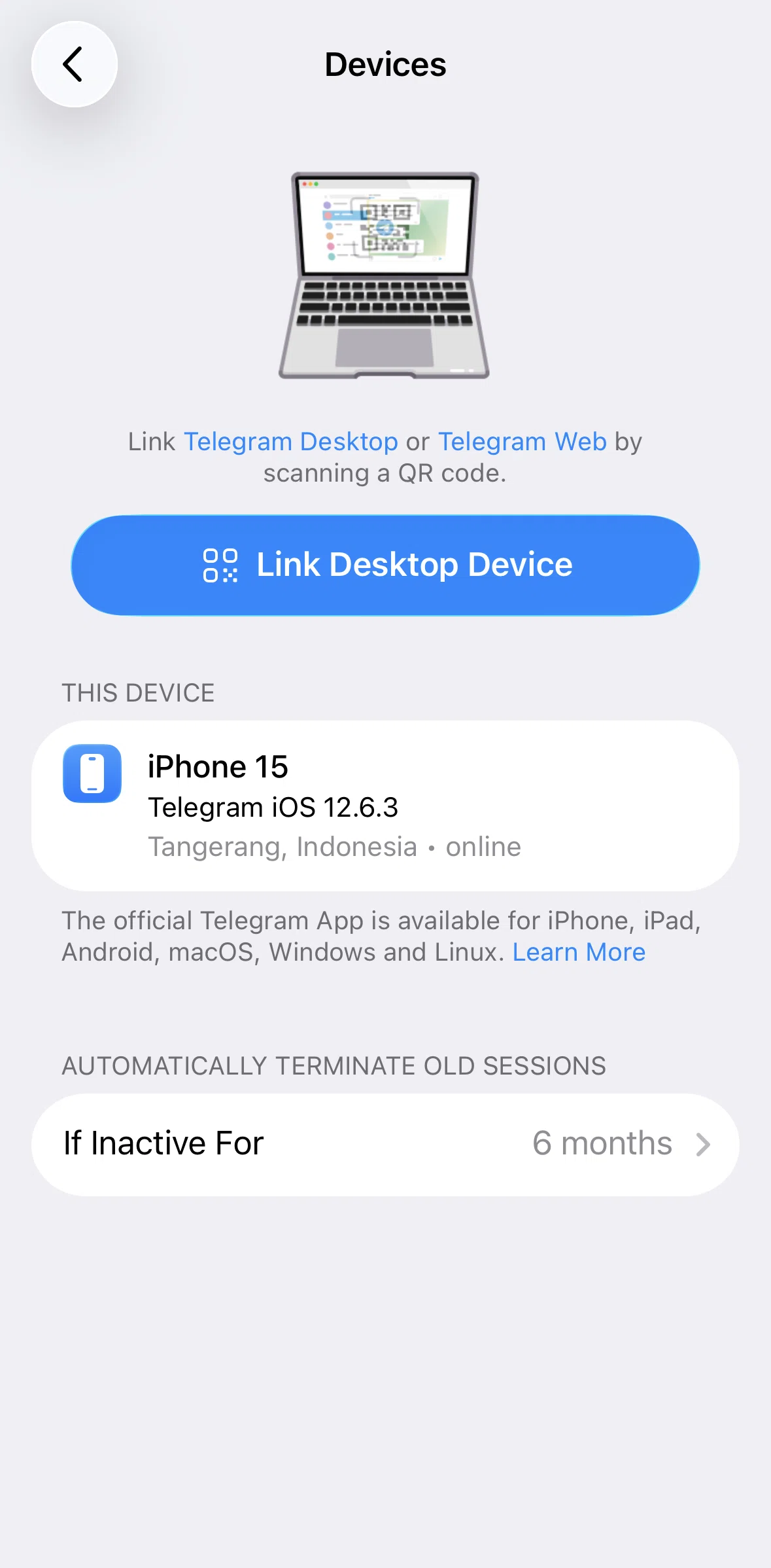 Telegram Screen screen in the Linking to a desktop device flow
