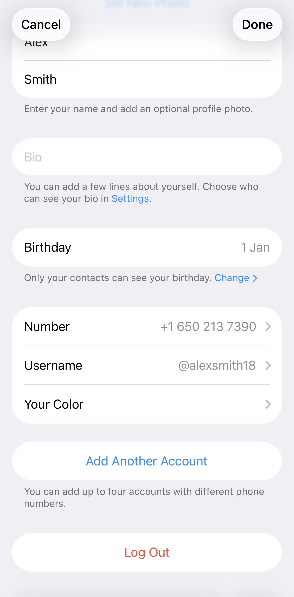 Telegram Screen screen in the Logging out flow