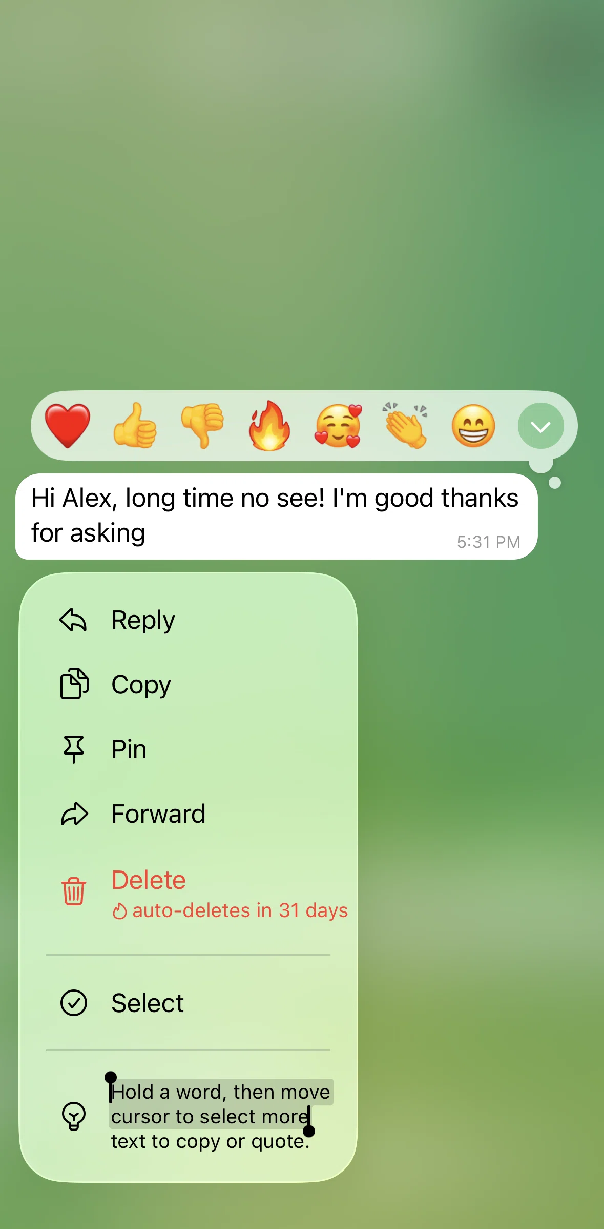 Telegram Screen screen in the Selecting a message flow