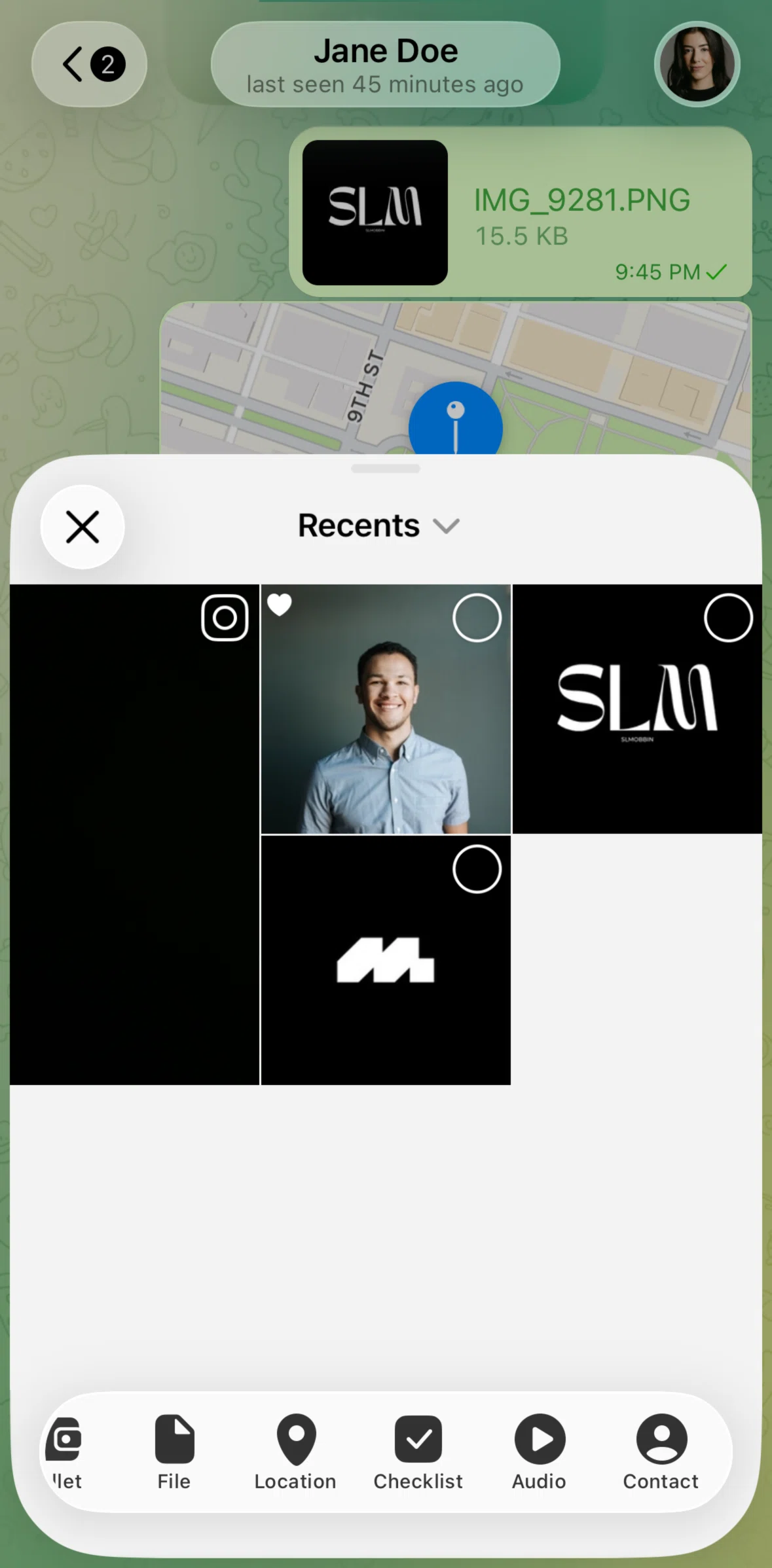 Telegram Screen screen in the Sending a contact flow