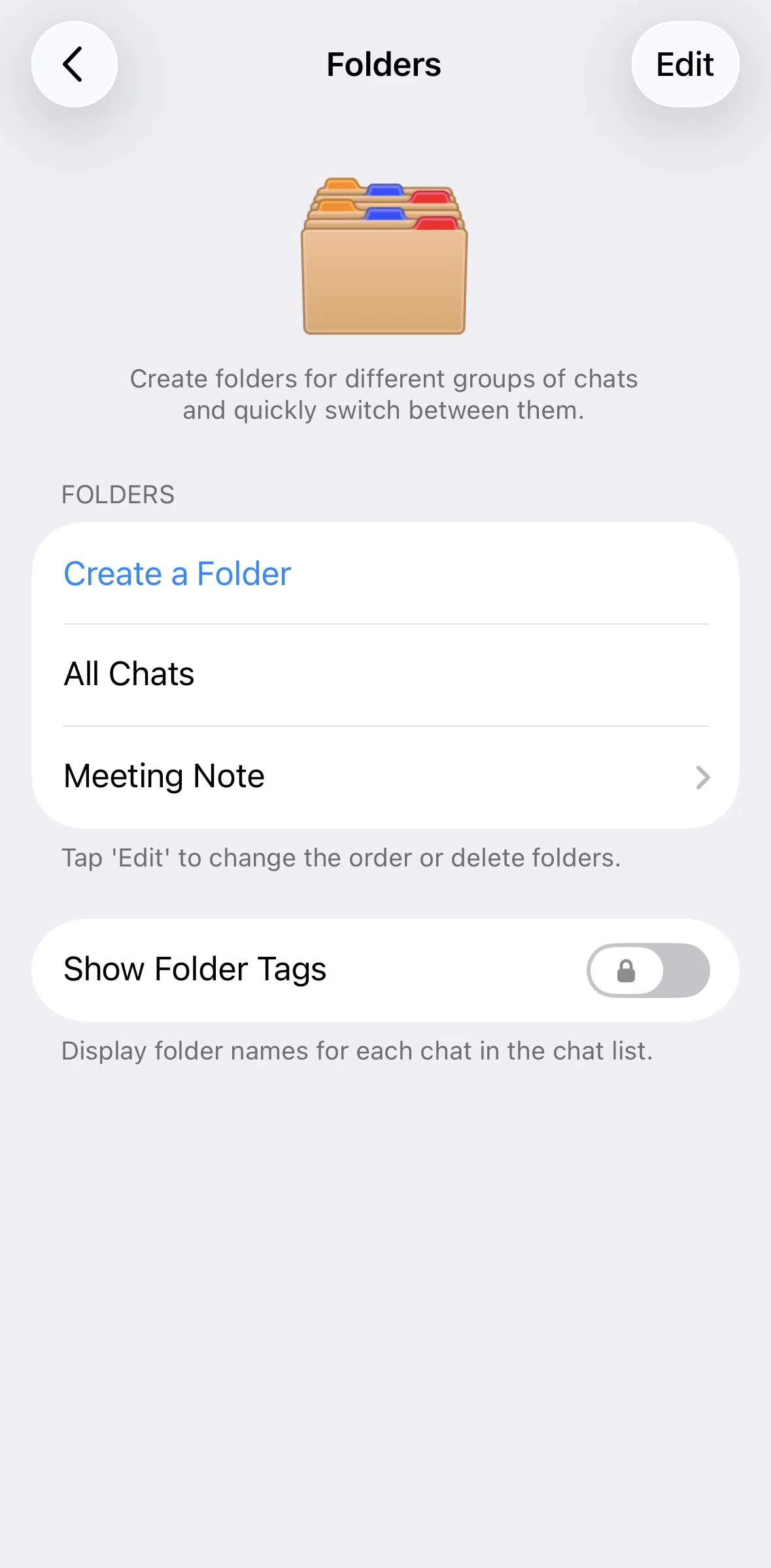 Telegram Screen screen in the Showing folder tags flow