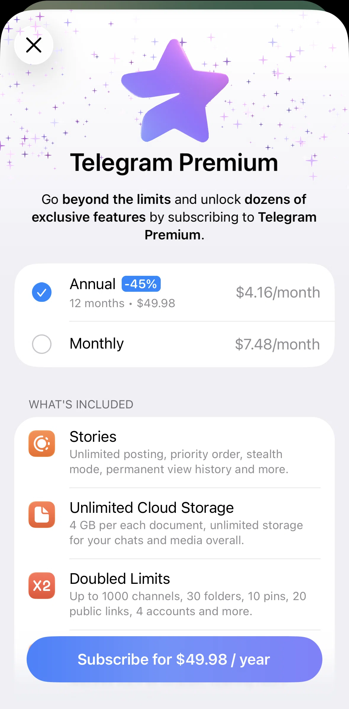 Telegram Screen screen in the Subscribing to Telegram Premium flow