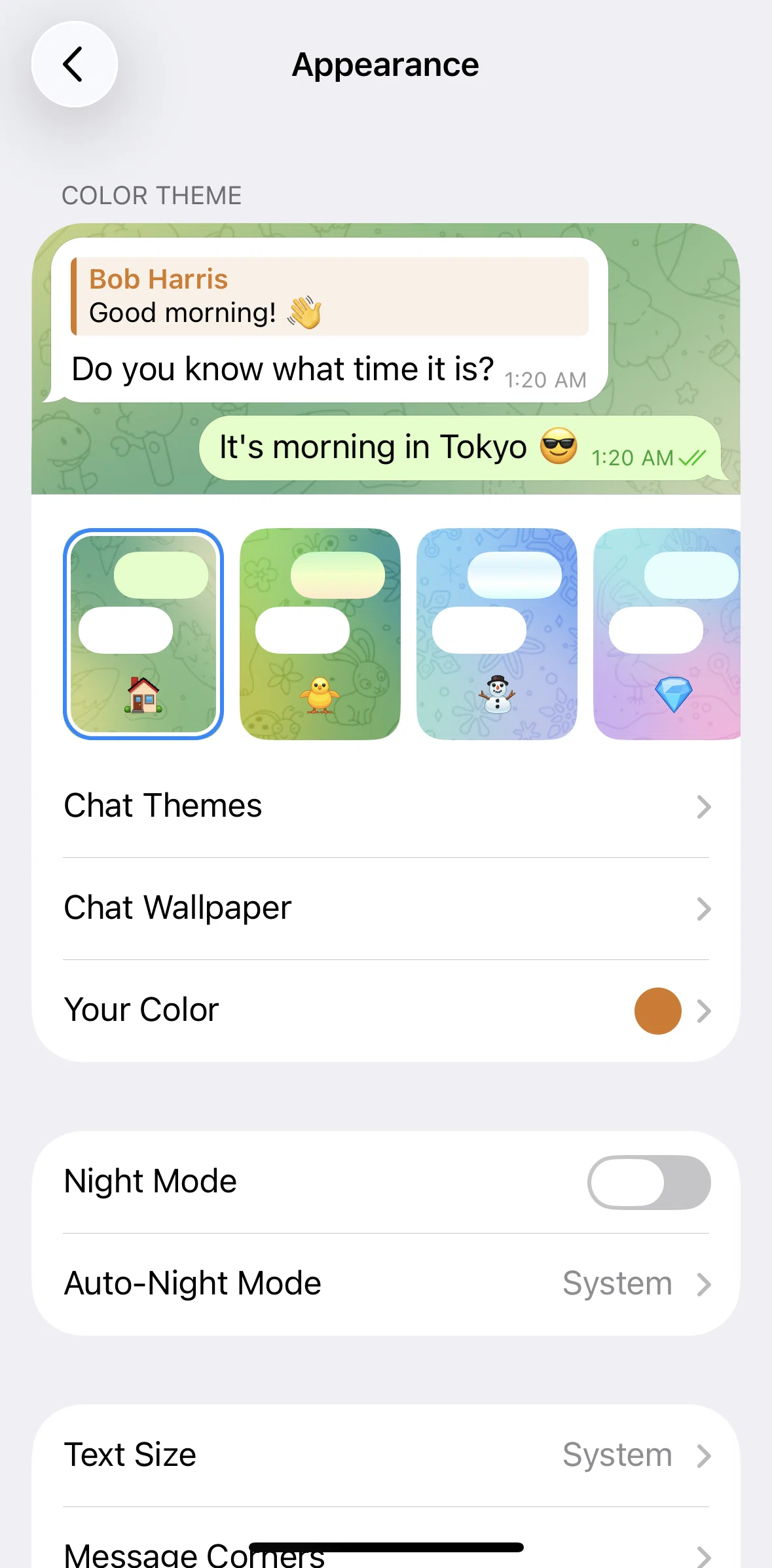 Telegram Screen screen in the Switching to night mode flow