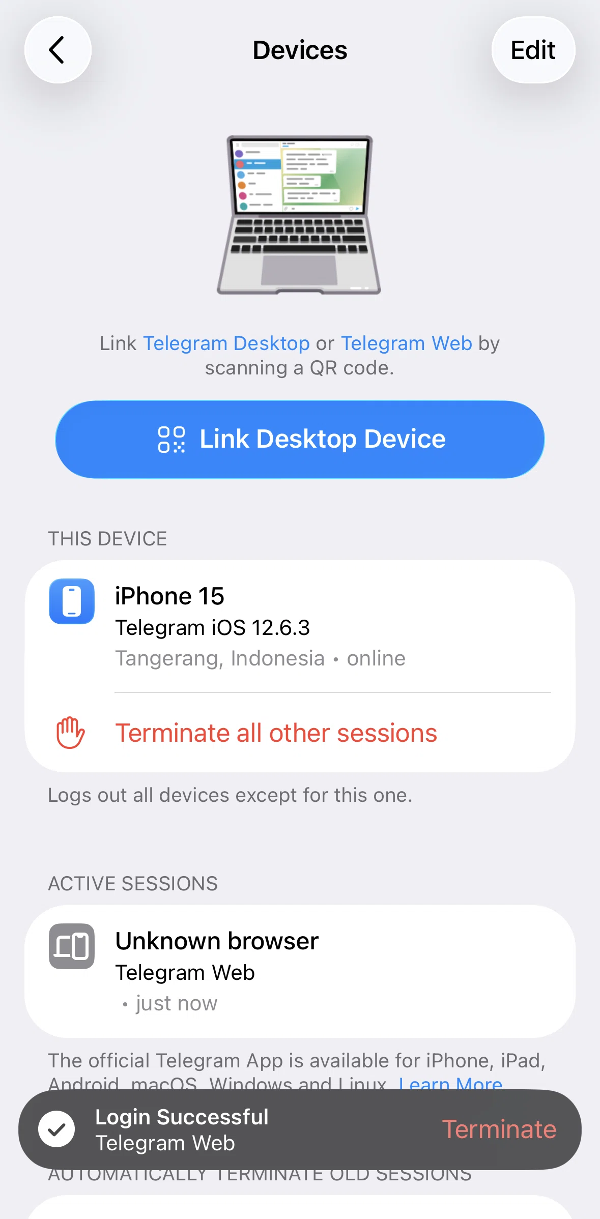 Telegram Screen screen in the Terminating all other sessions flow