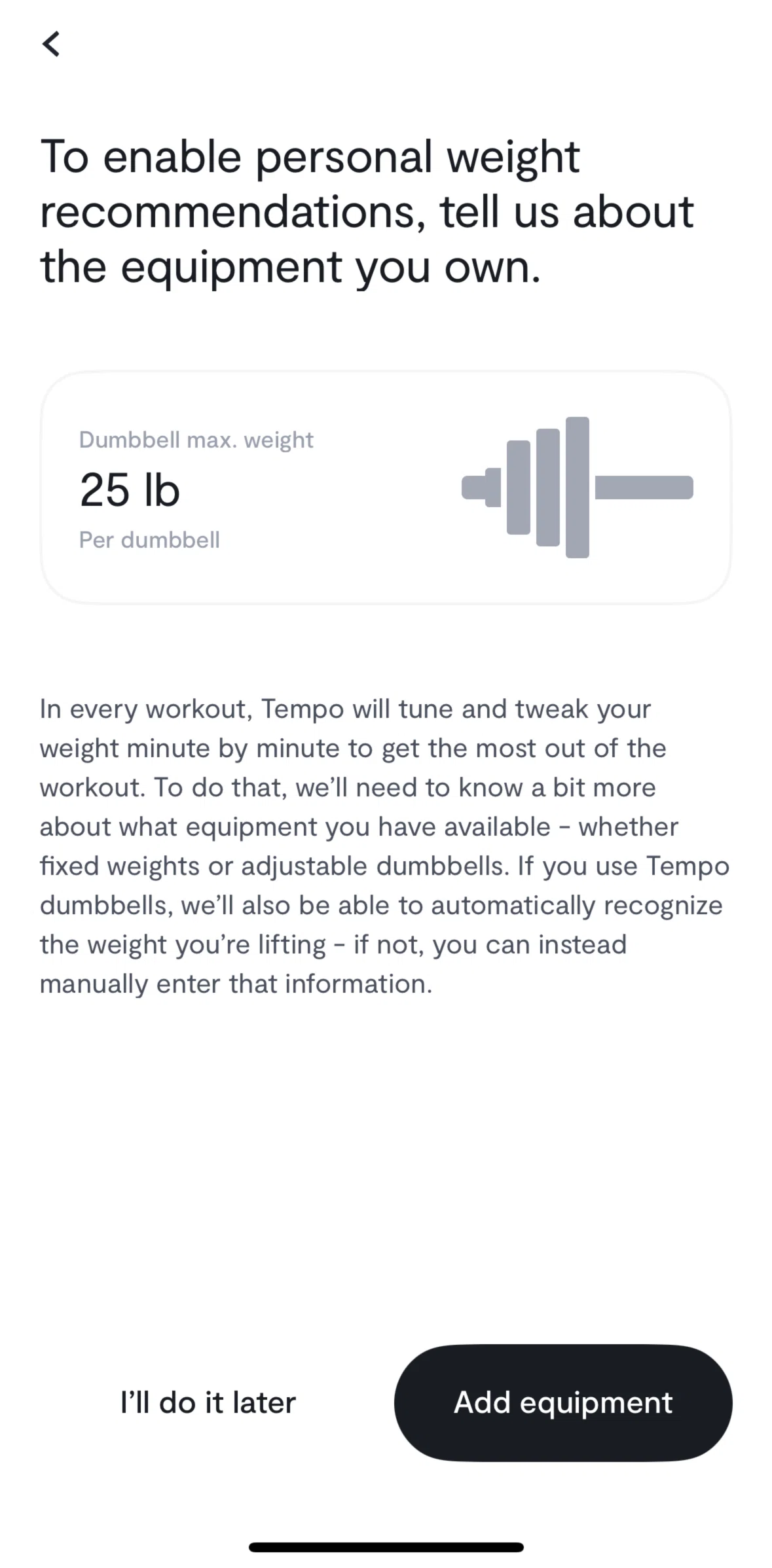 Tempo Screen screen in the Adding an equipment flow
