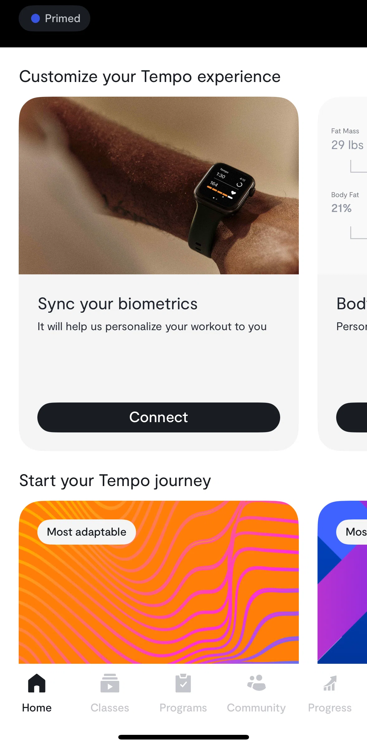 Tempo Screen screen in the Connecting to a Apple Watch flow
